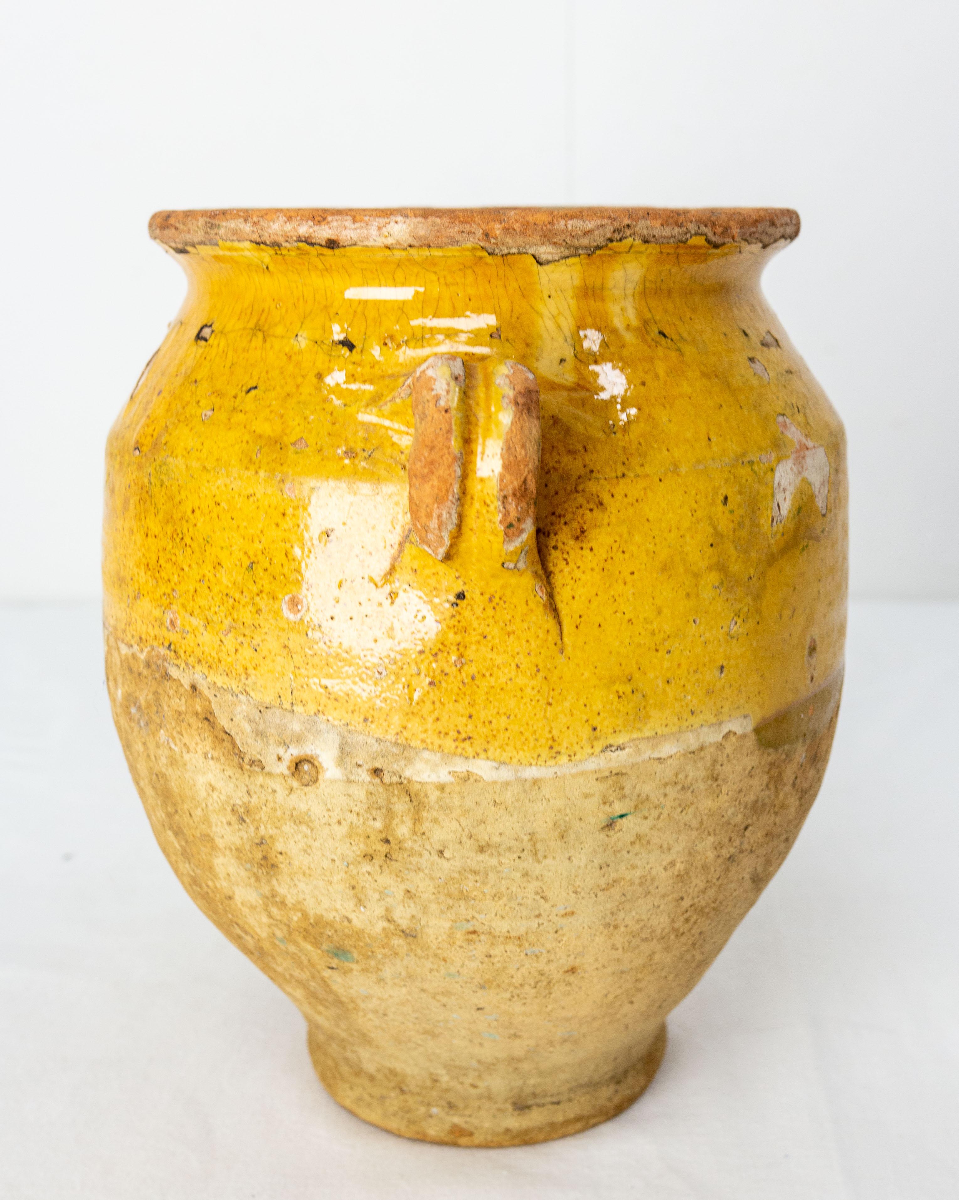 French Provincial French, Terracotta Confit Pot Yellow Glaze, Late 19th Century