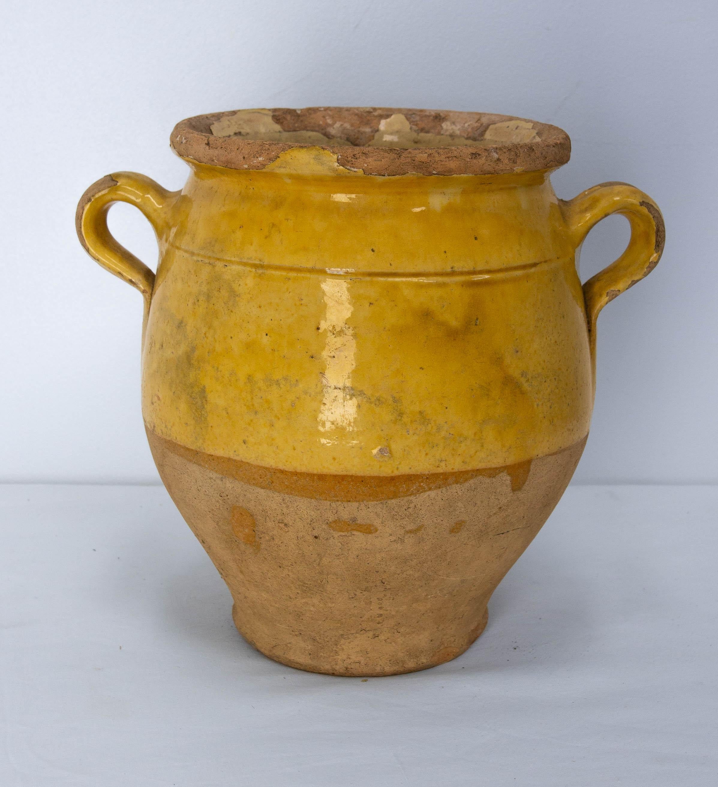 French Provincial French, Terracotta Confit Pot Yellow Glaze, Late 19th Century