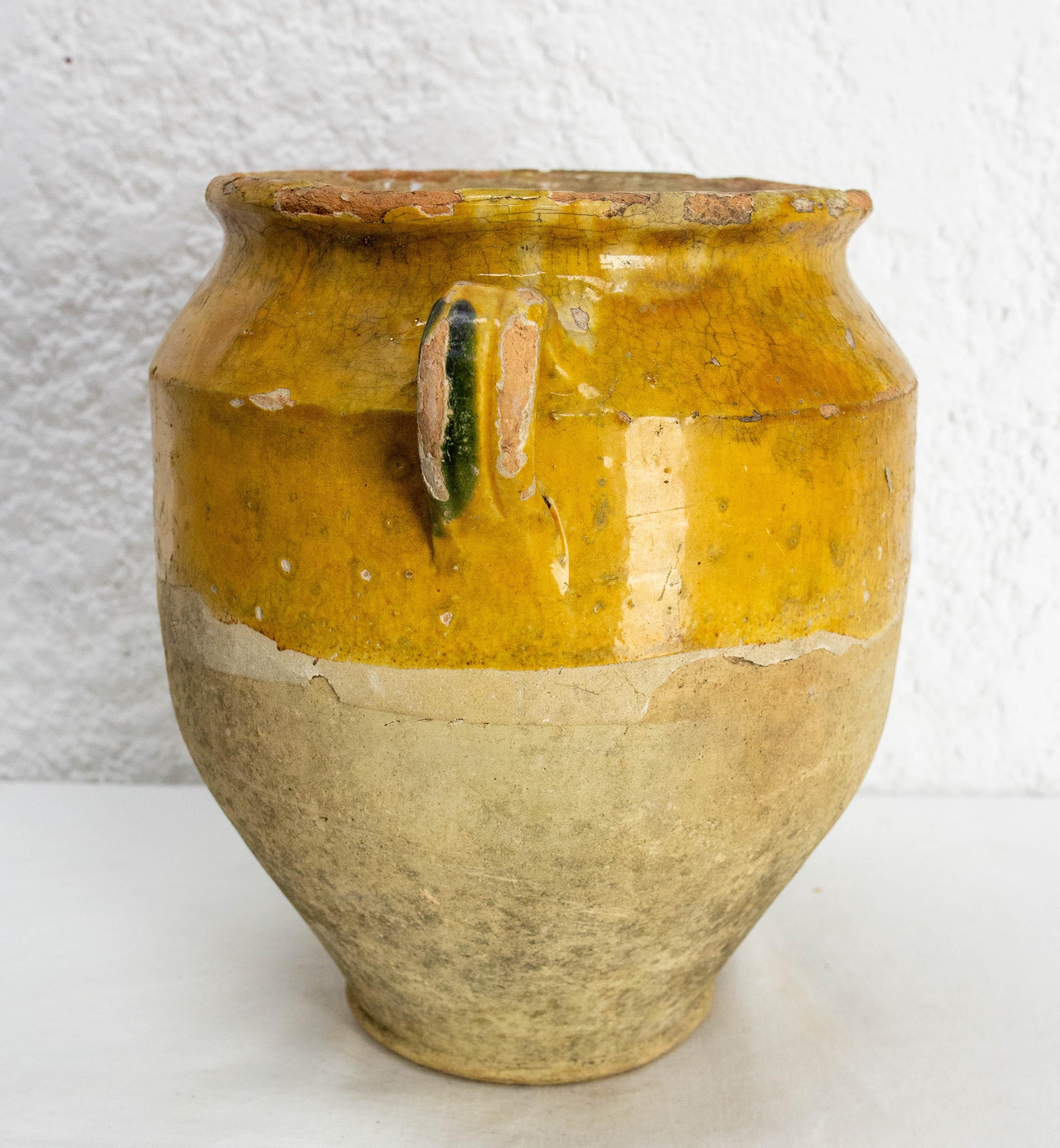 French Provincial French, Terracotta Confit Pot Yellow Glaze, Late 19th Century