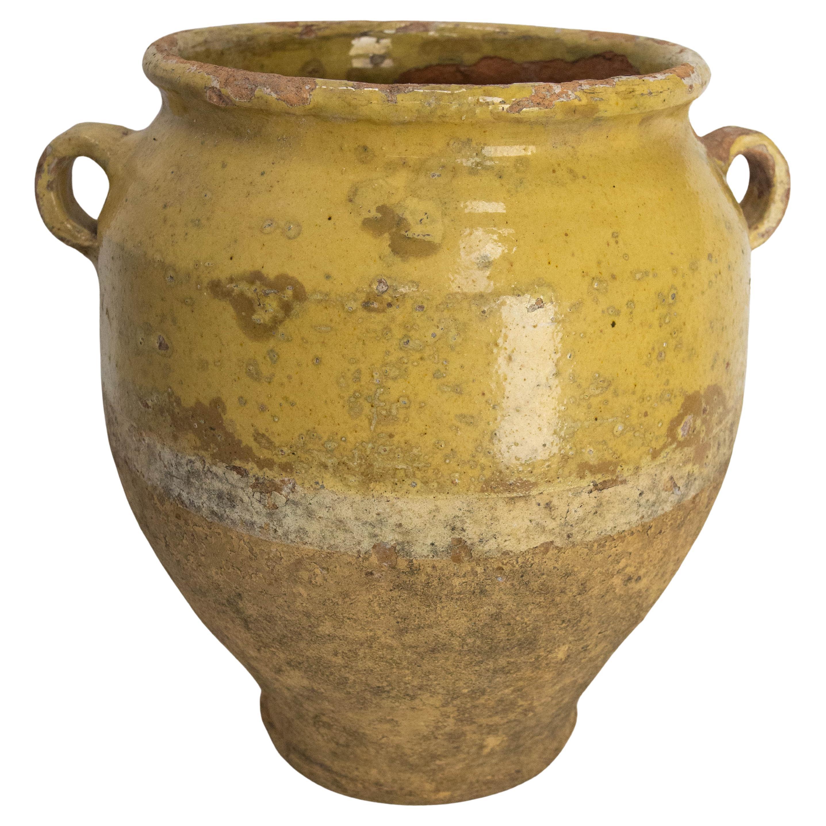 Olla francesa de terracota confitada, vidriado amarillo, finales del siglo XIX