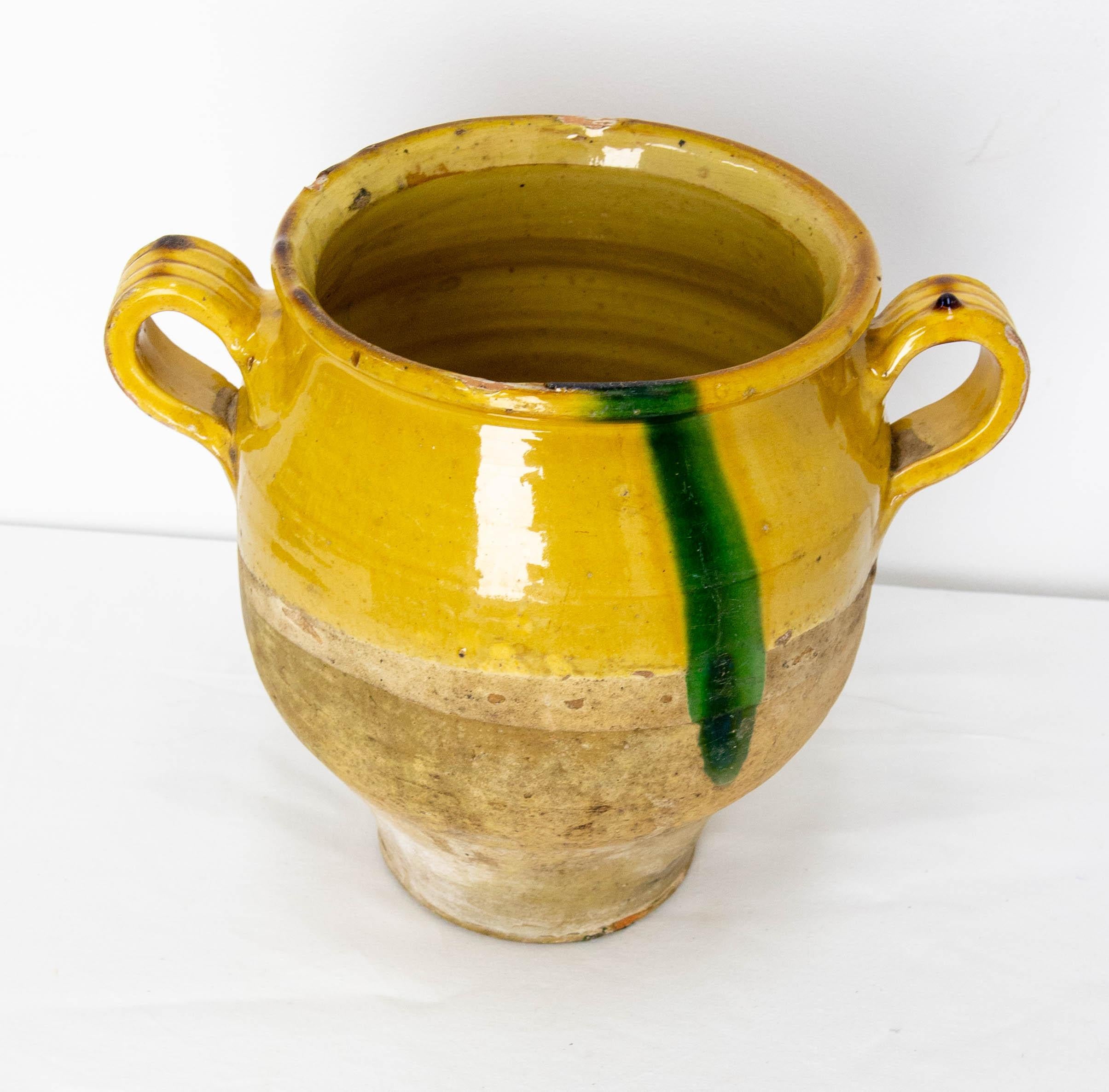French Provincial French, Terracotta Confit Pot Yellow Streaked of Green Glaze, Late 19th Century