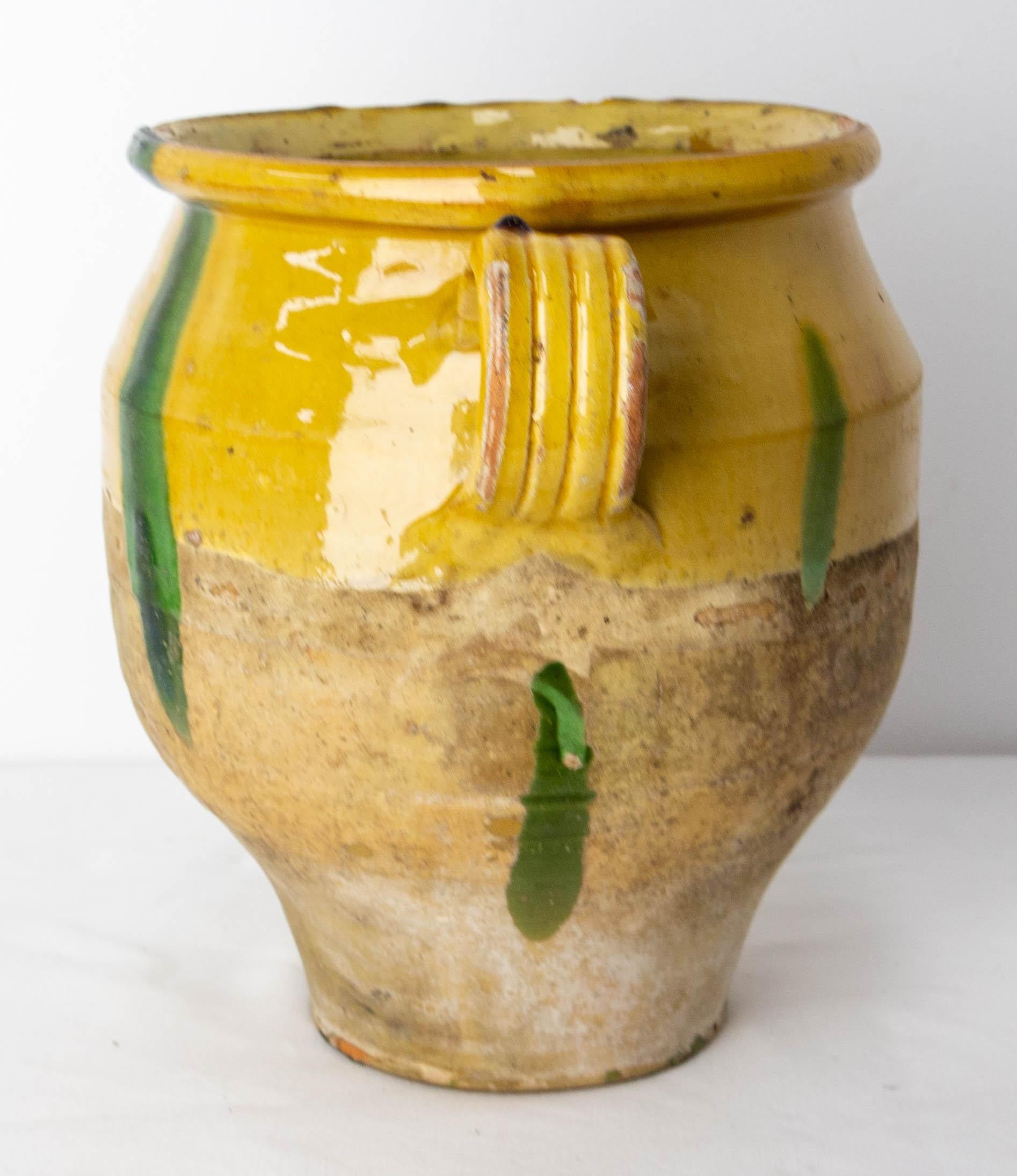 French, Terracotta Confit Pot Yellow Streaked of Green Glaze, Late 19th Century 1