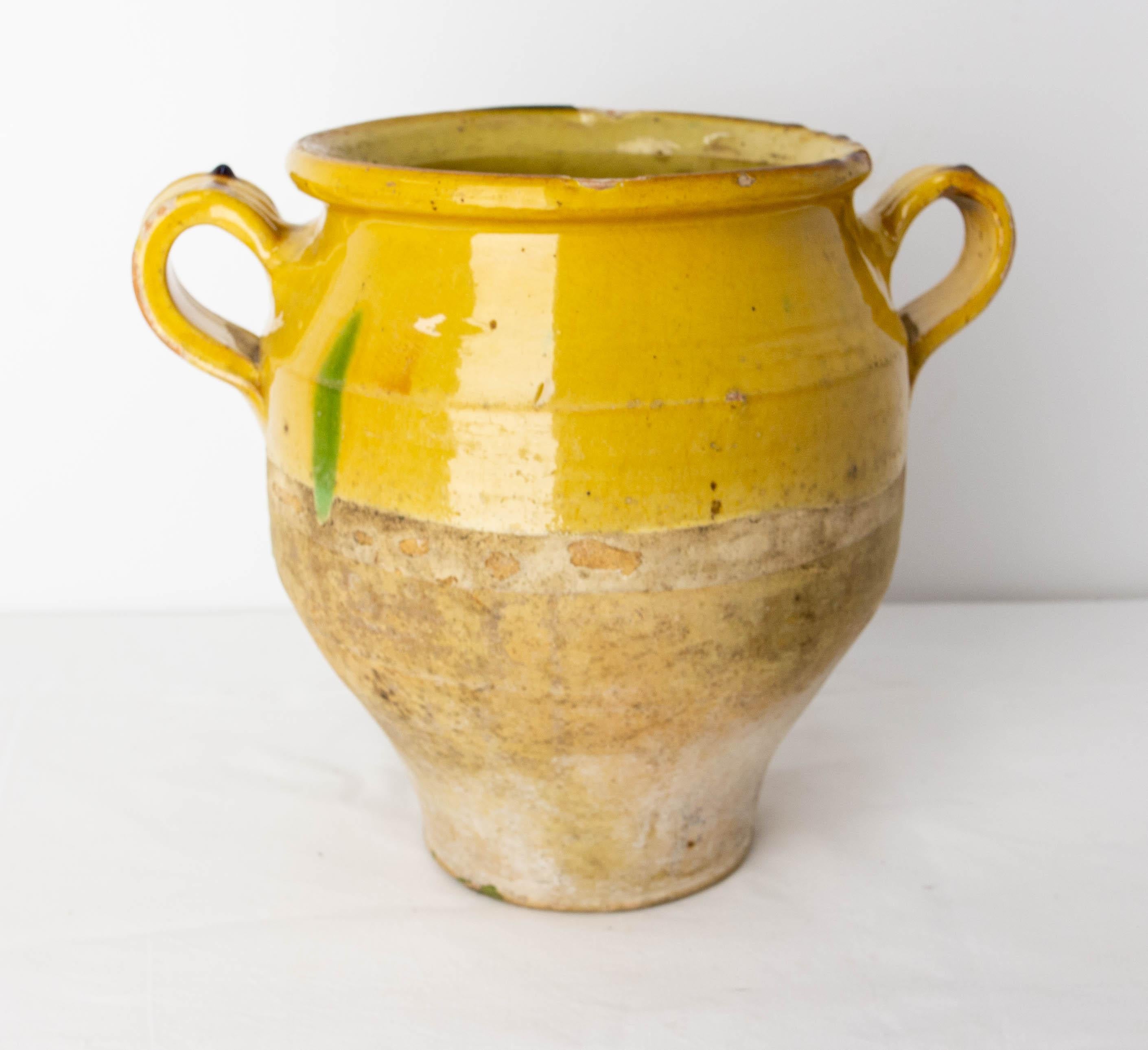 French, Terracotta Confit Pot Yellow Streaked of Green Glaze, Late 19th Century 2