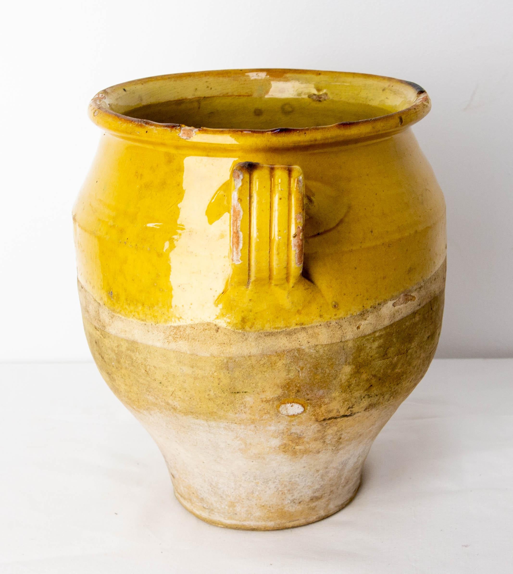 French, Terracotta Confit Pot Yellow Streaked of Green Glaze, Late 19th Century 3