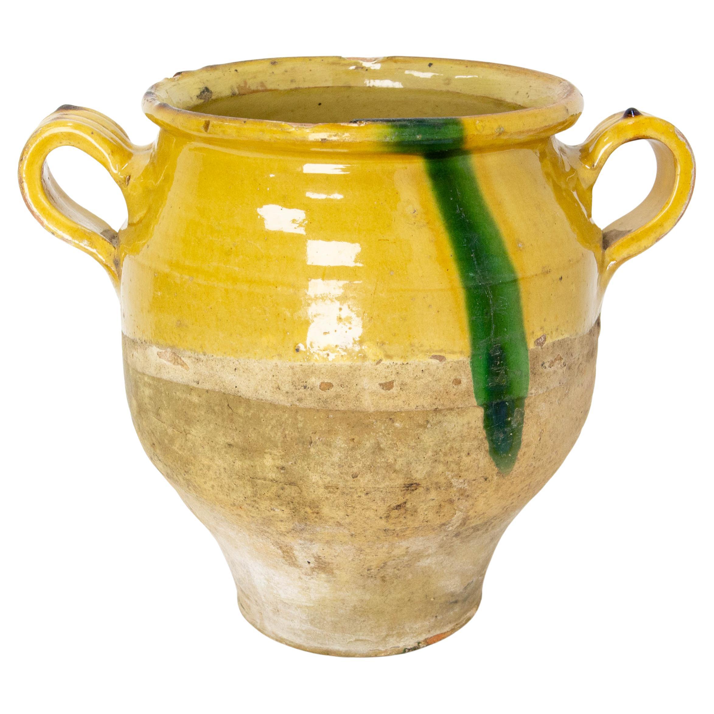 French, Terracotta Confit Pot Yellow Streaked of Green Glaze, Late 19th Century