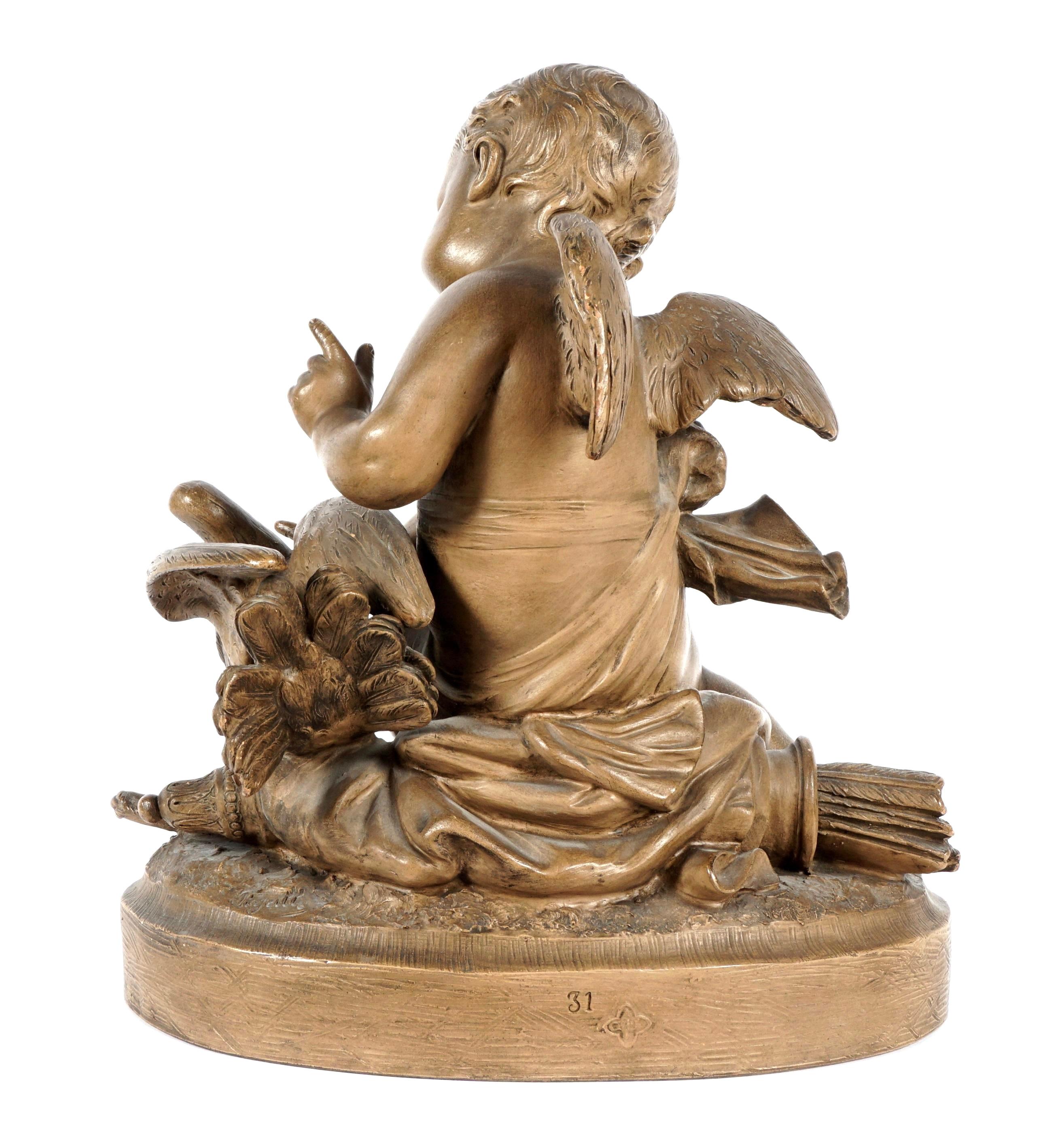 XIXe siècle Groupe figuratif en terre cuite représentant un chérubin et une colombe en vente