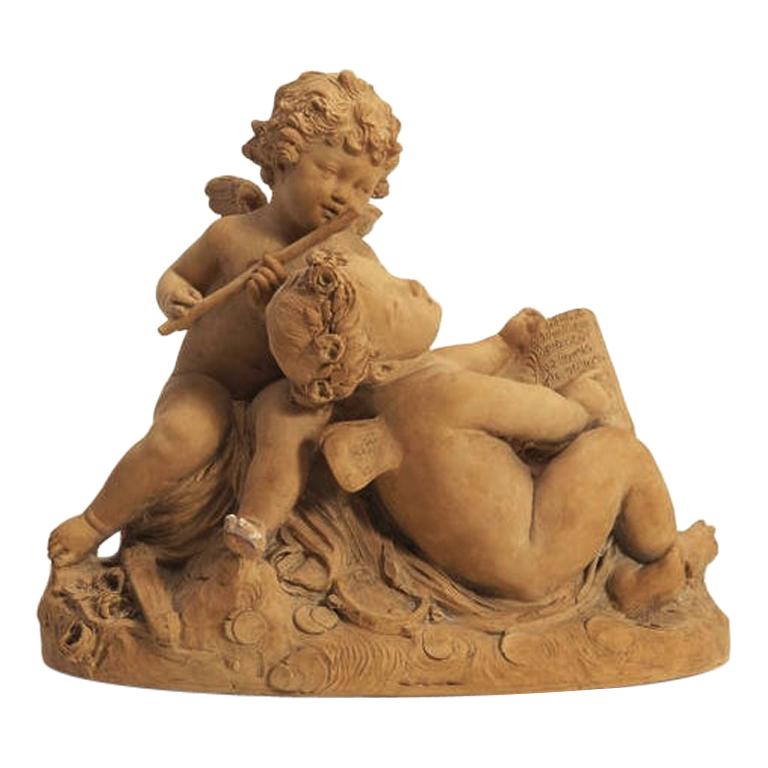 Antique French terracotta figural group of two angels with meticulous attention has been given to every details. Signed see attached photos.
Both angels are seated among music instruments, one angel is playing the flute and the other is holding a