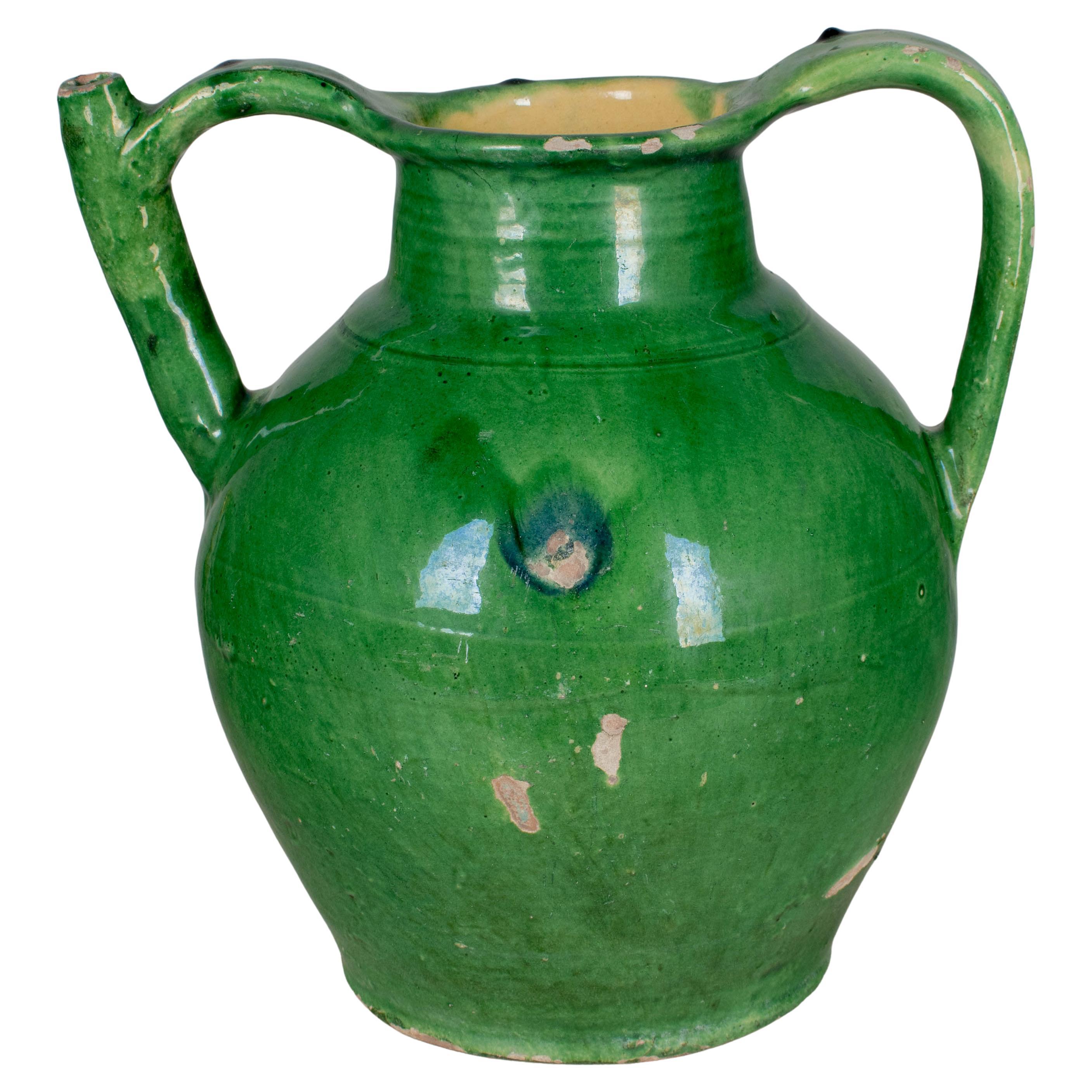 Brocca per acqua francese in terracotta smaltata verde
