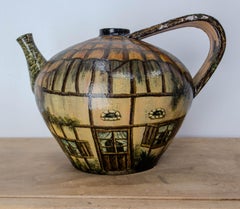 French Terracotta Pitcher Basque Jug House Hand Painted Signed, 19th Century