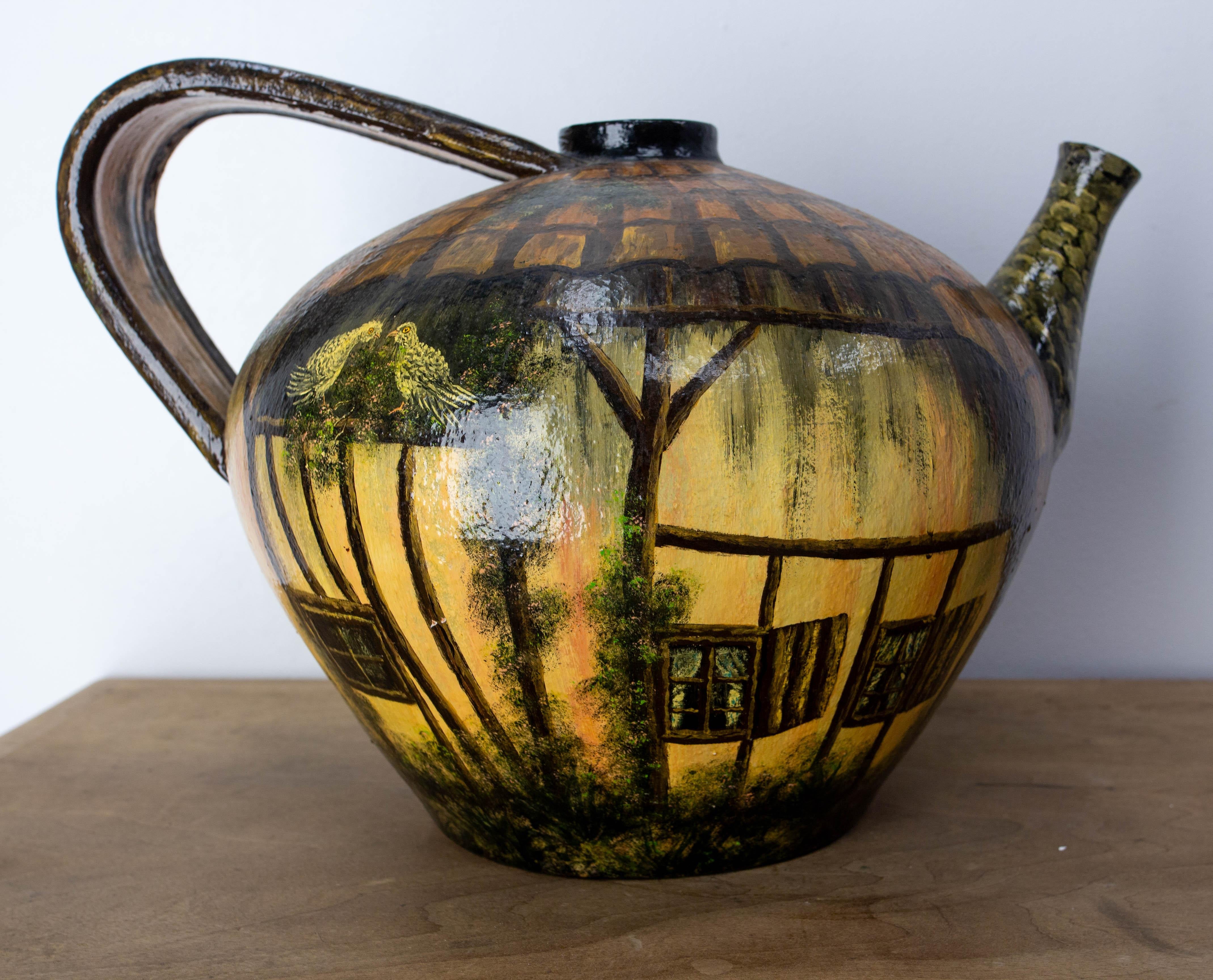 Folk Art French Terracotta Pitcher Basque Jug House Hand Painted Signed, 19th Century For Sale