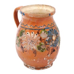 French Terracotta Pottery Pitcher with Floral Décor, Brown and Cream Glaze