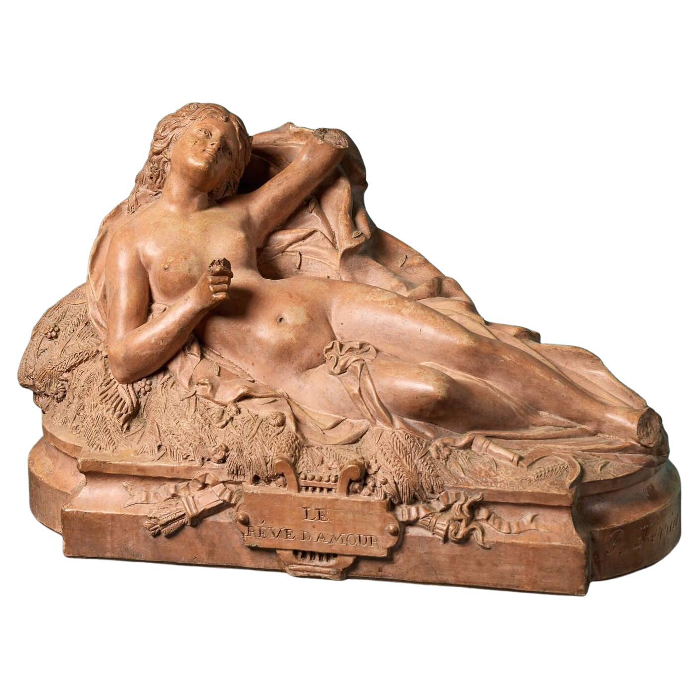 Französische Terrakotta-Skulptur einer liegenden Dame