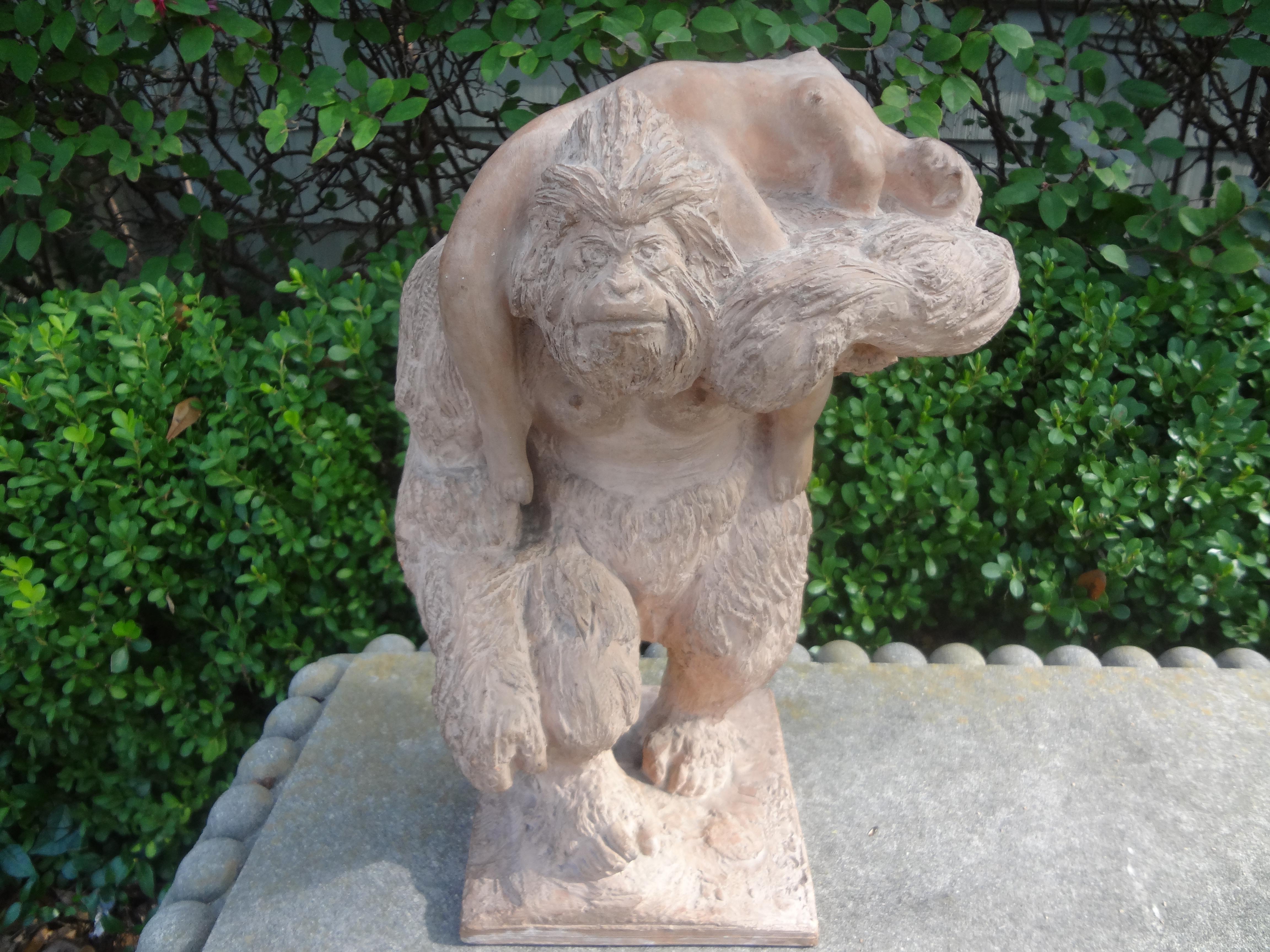 French terracotta sculpture depicting King Kong. This stunning well executed French Art Deco terracotta sculpture is artist signed. See photo of signature on this listing. The King Kong character was conceived and created by American filmmaker