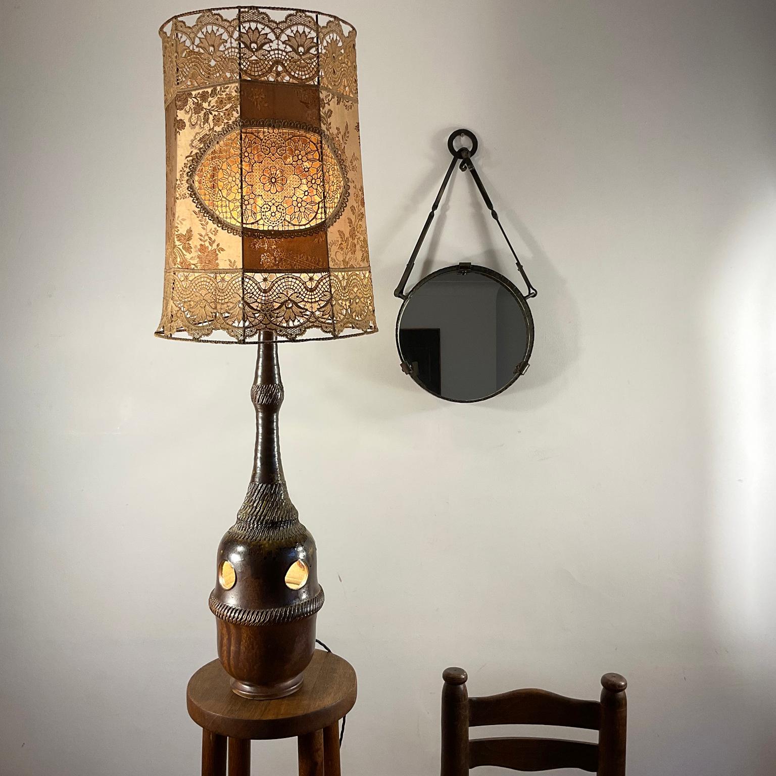 Stoneware Lamp and Lace Lampshade from St Amand en Puisaye Workshops France 1970 For Sale 2
