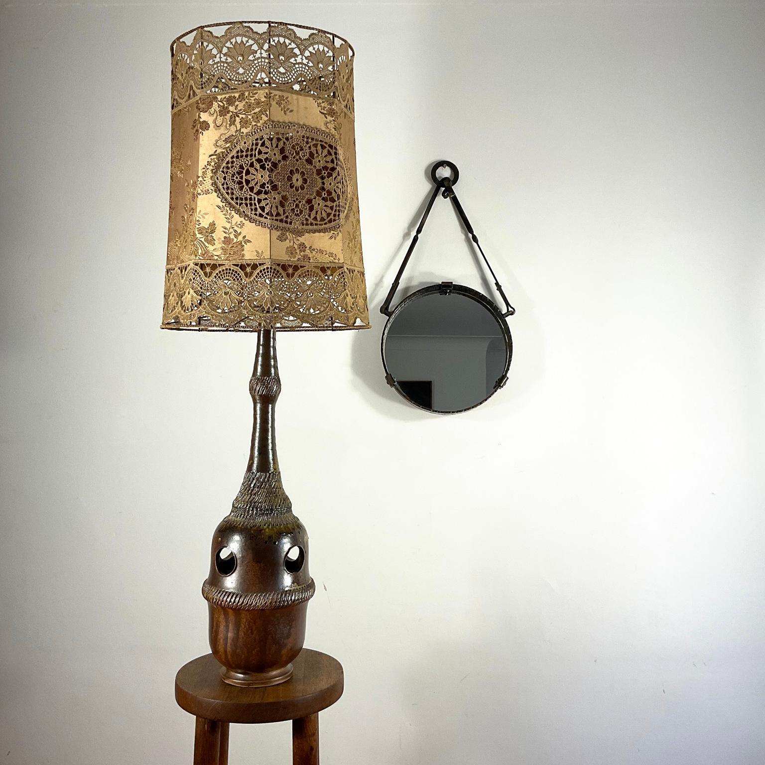Rustic Stoneware Lamp and Lace Lampshade from St Amand en Puisaye Workshops France 1970 For Sale