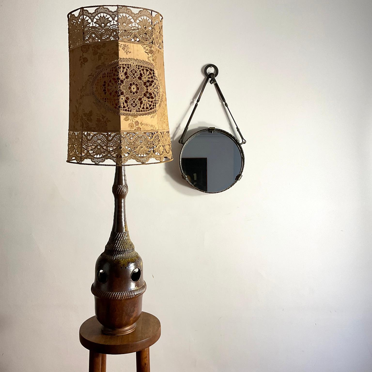 French Stoneware Lamp and Lace Lampshade from St Amand en Puisaye Workshops France 1970 For Sale