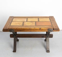 French Terracotta Tiles & Chestnut Top & Wrought Iron Coffee Table, circa 1960