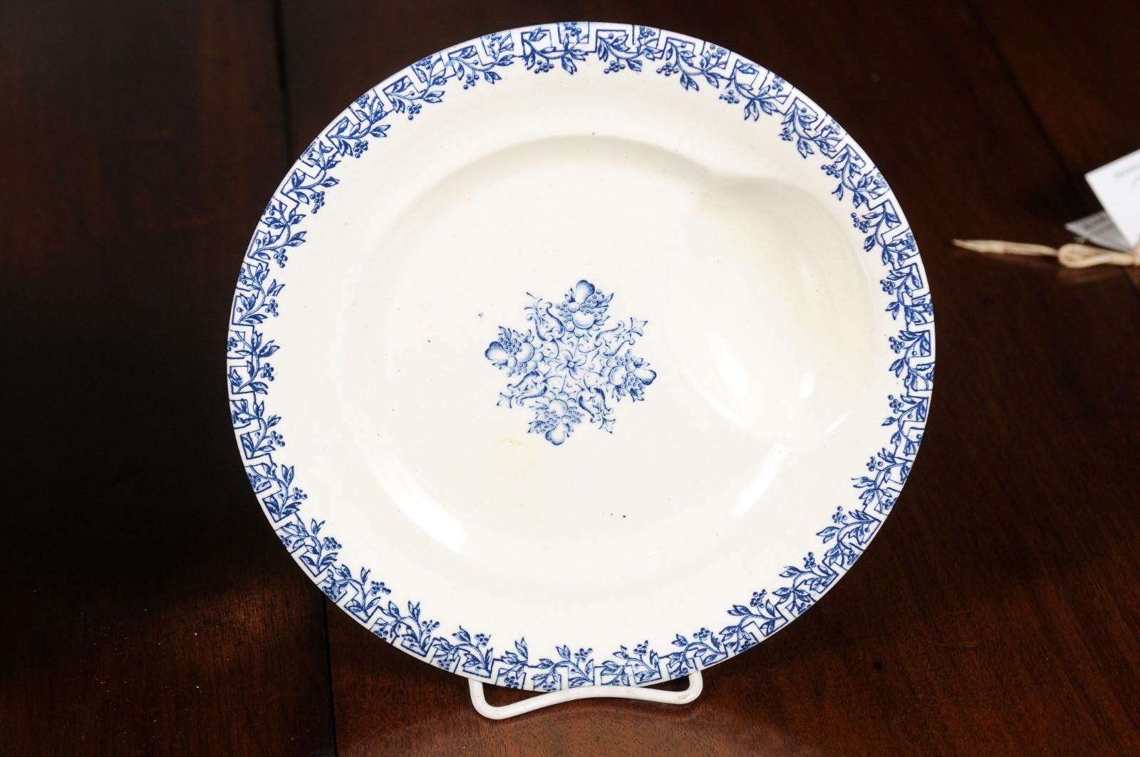 Ironstone French Terre de Fer 19th Century Blue and White Asparagus Plates, Six Available For Sale