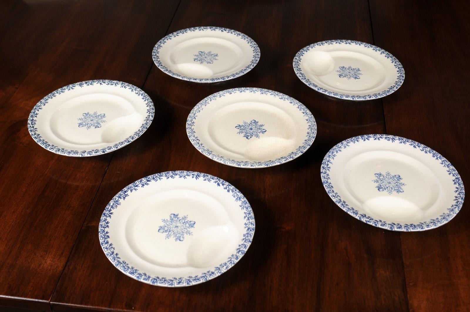 French Terre de Fer 19th Century Blue and White Asparagus Plates, Six Available For Sale 4