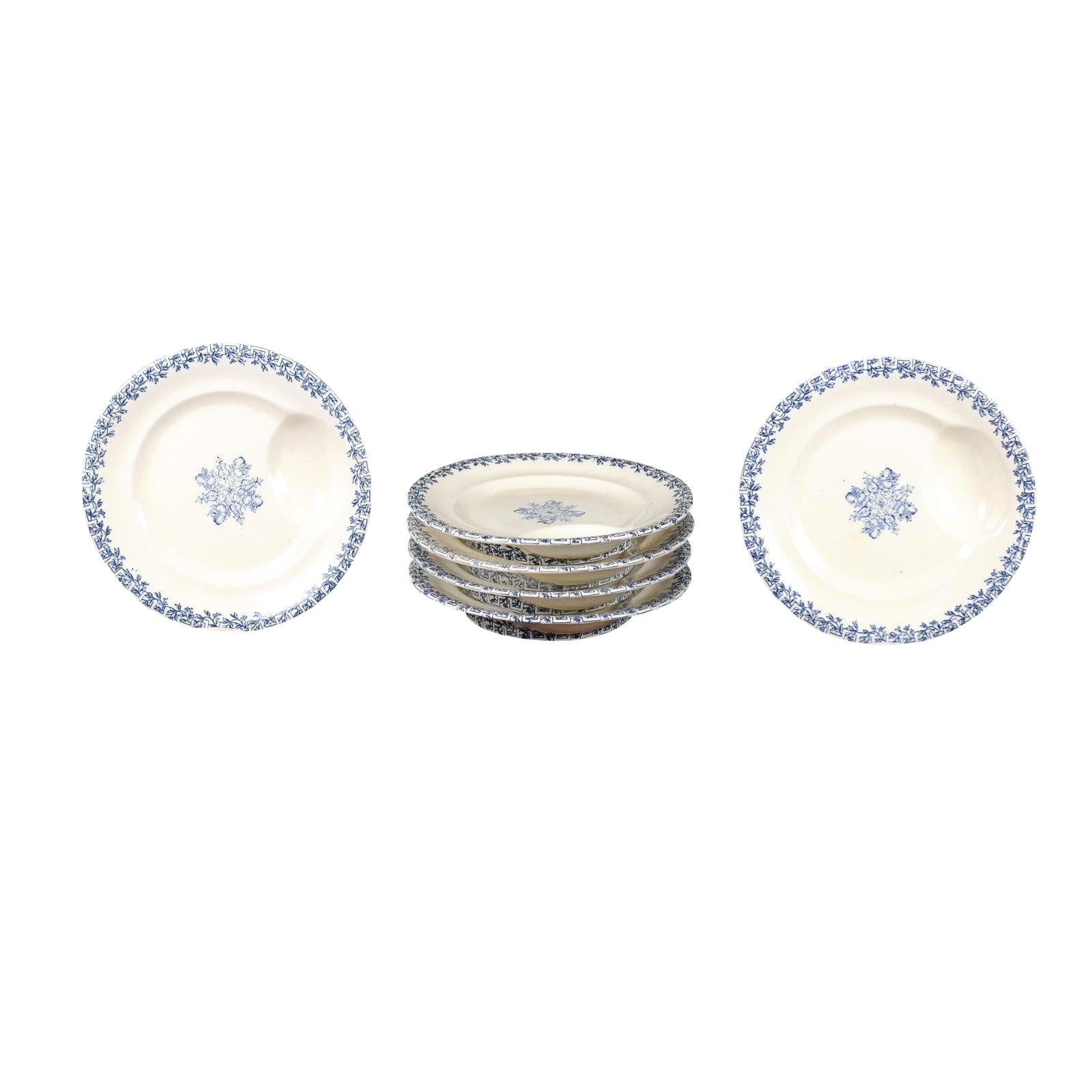 French Terre de Fer 19th Century Blue and White Asparagus Plates, Six Available