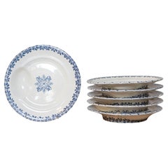 Antique French Terre de Fer 19th Century Blue and White Asparagus Plates, Six Available