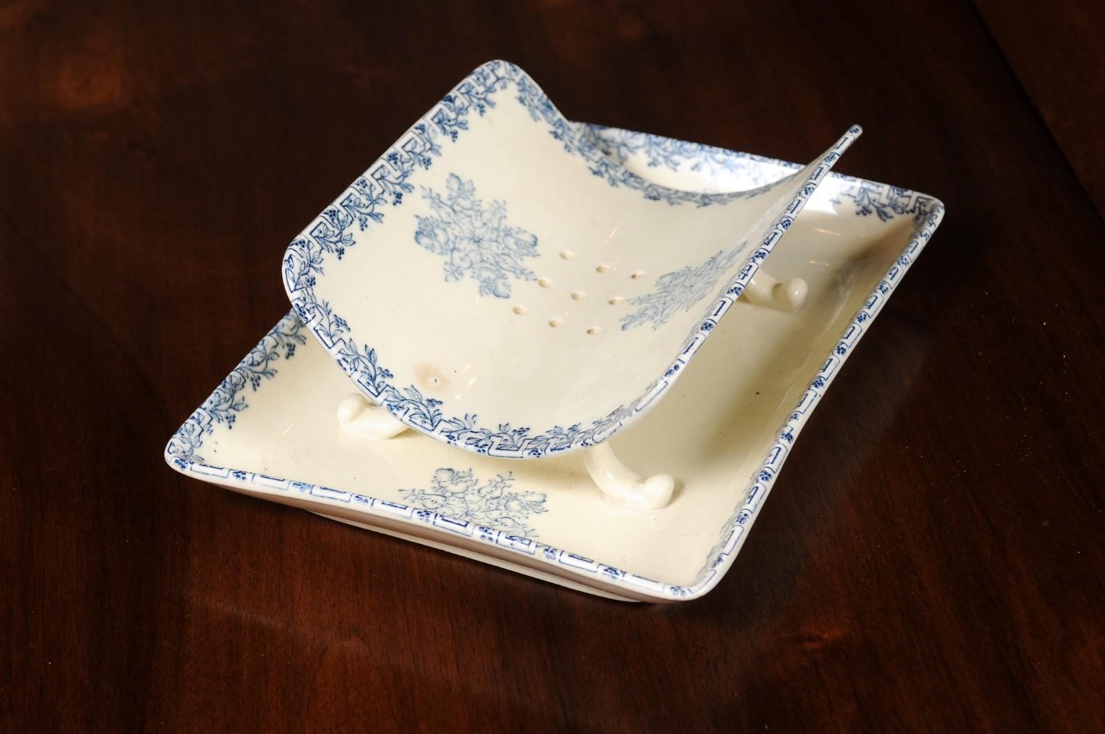 French Terre de Fer 19th Century Blue and White Asparagus Platter with Drainer 1