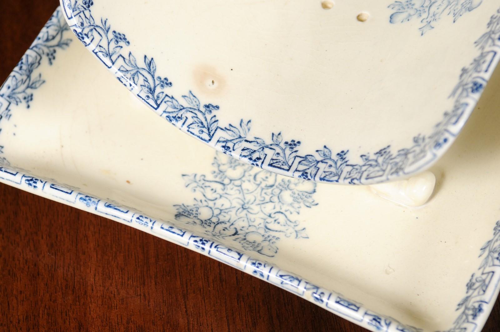 French Terre de Fer 19th Century Blue and White Asparagus Platter with Drainer 2