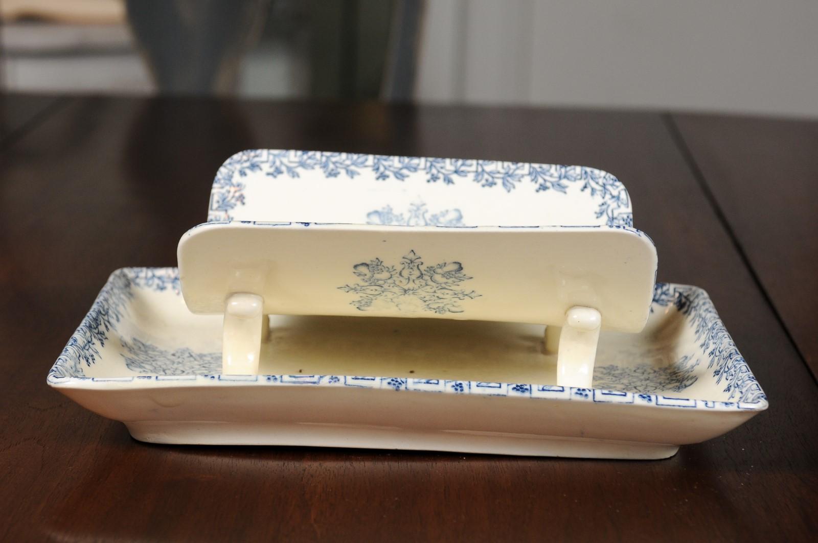 French Terre de Fer 19th Century Blue and White Asparagus Platter with Drainer 4