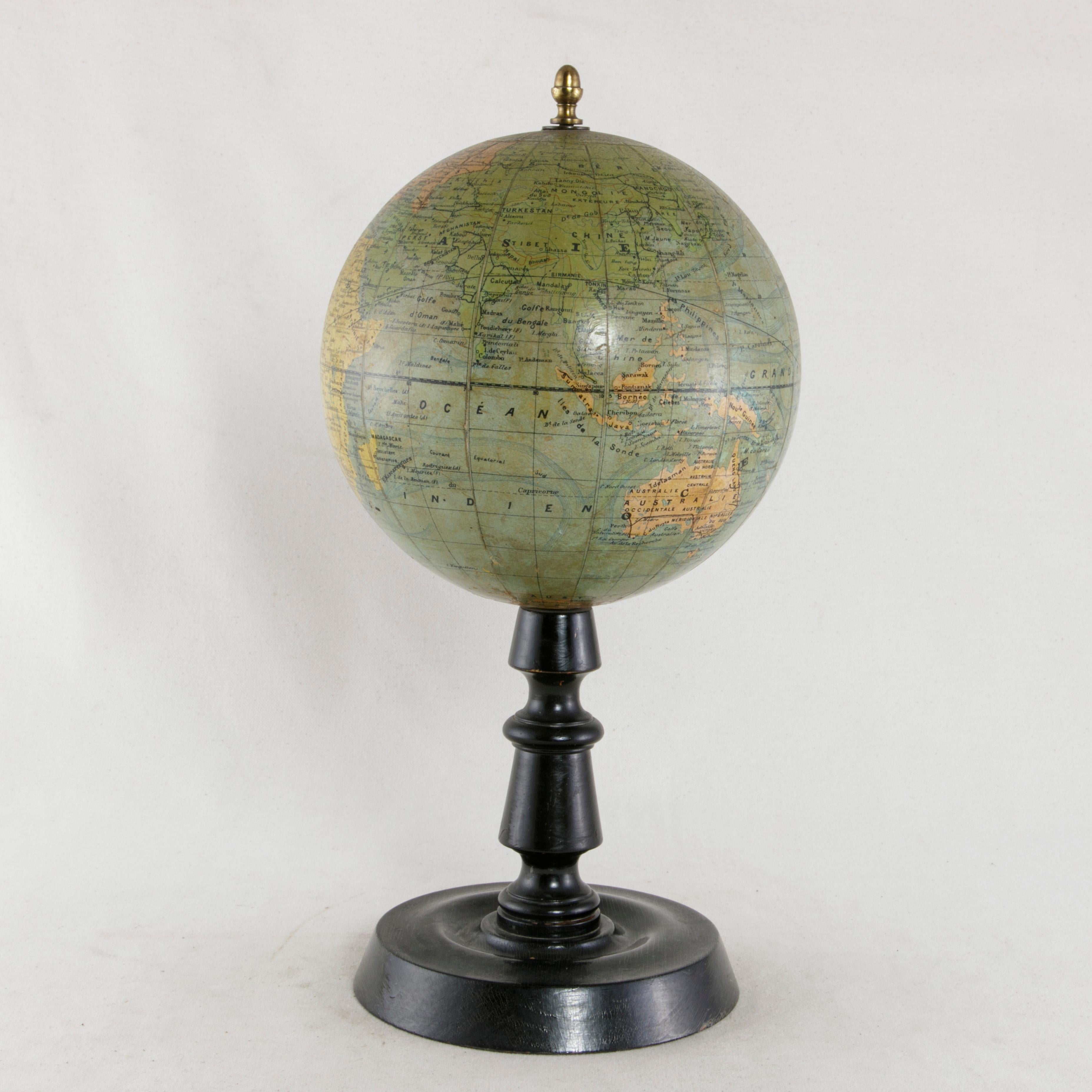 Early 20th Century French Terrestrial Globe on Ebonized Wood Base by Cartographer J. Forest
