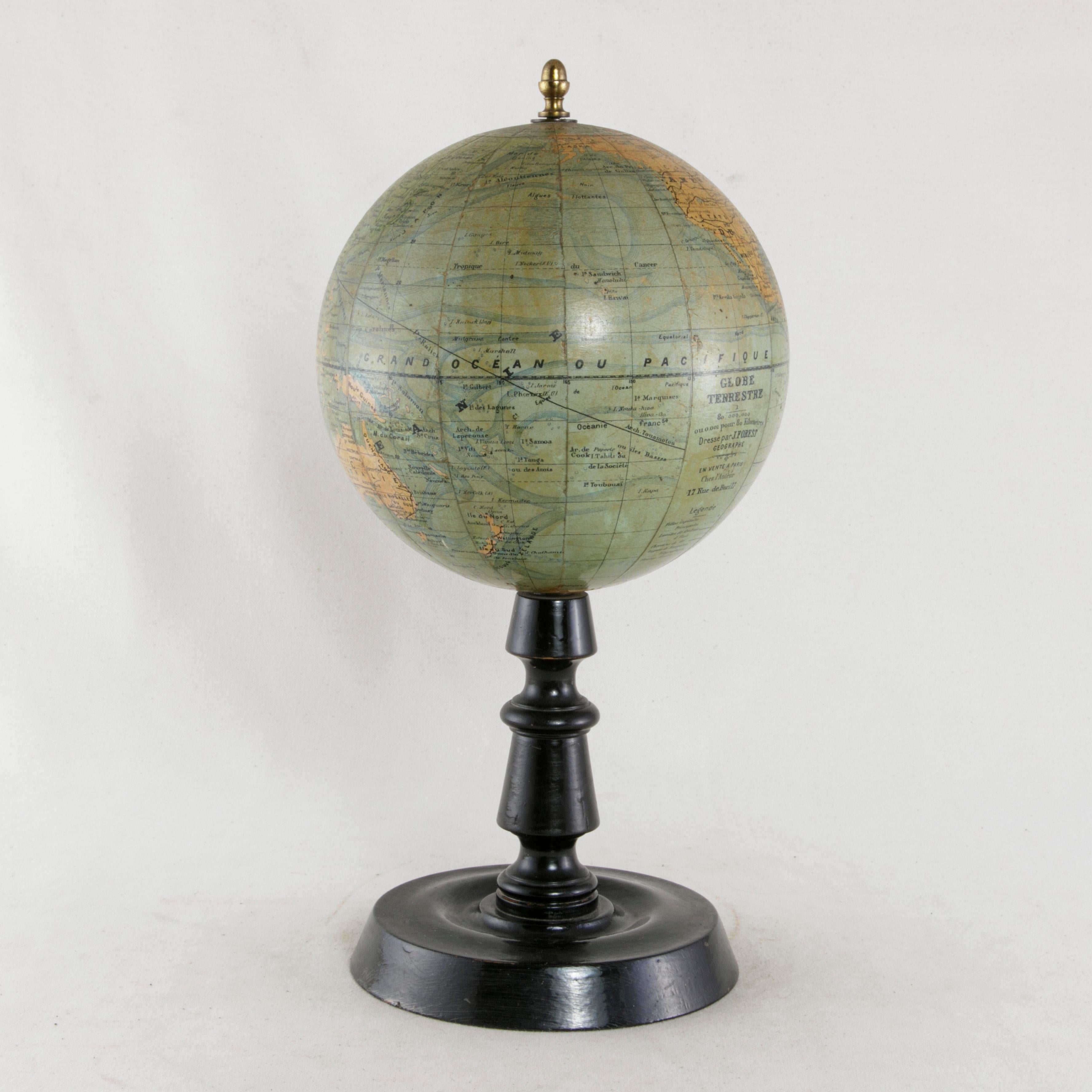 French Terrestrial Globe on Ebonized Wood Base by Cartographer J. Forest 1
