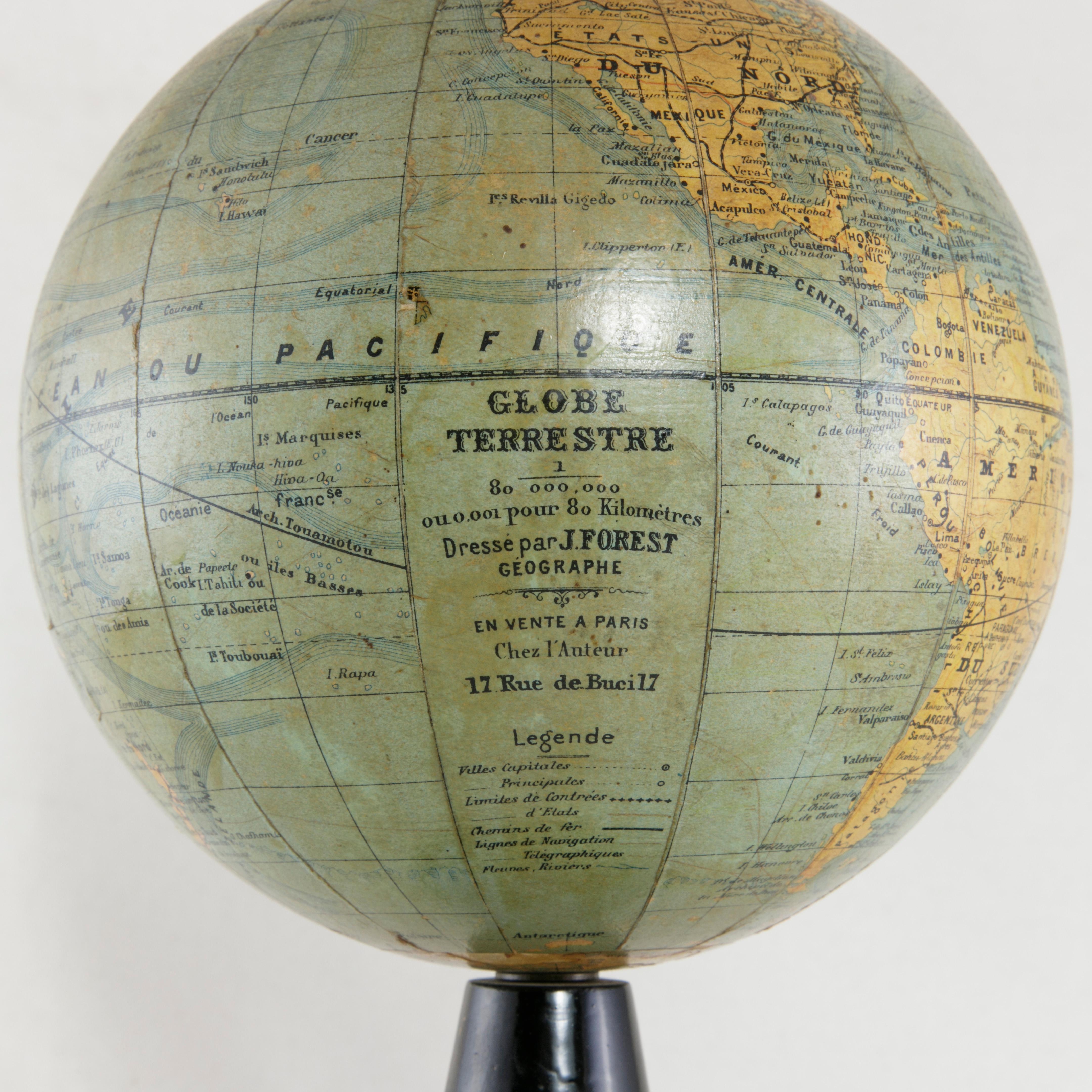 French Terrestrial Globe on Ebonized Wood Base by Cartographer J. Forest 3