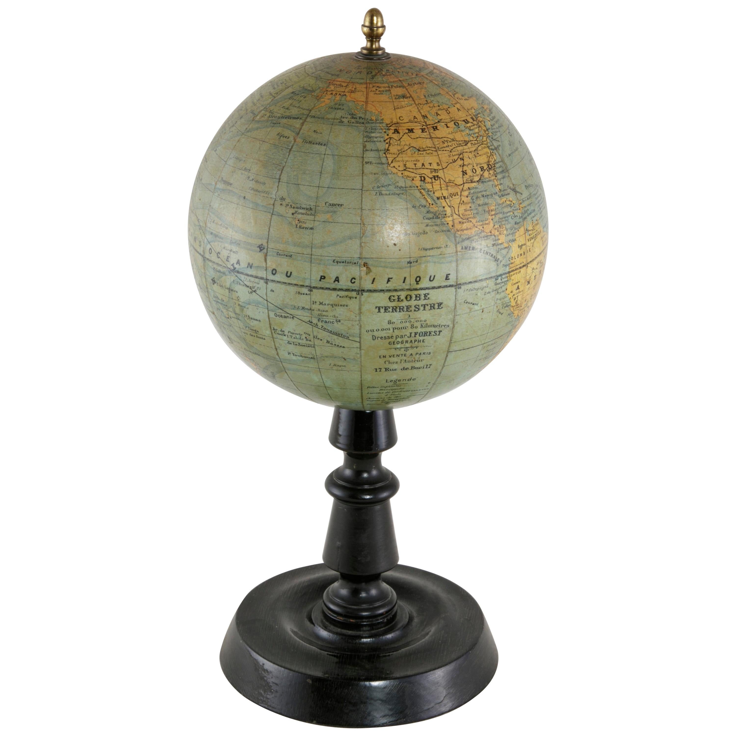 French Terrestrial Globe on Ebonized Wood Base by Cartographer J. Forest