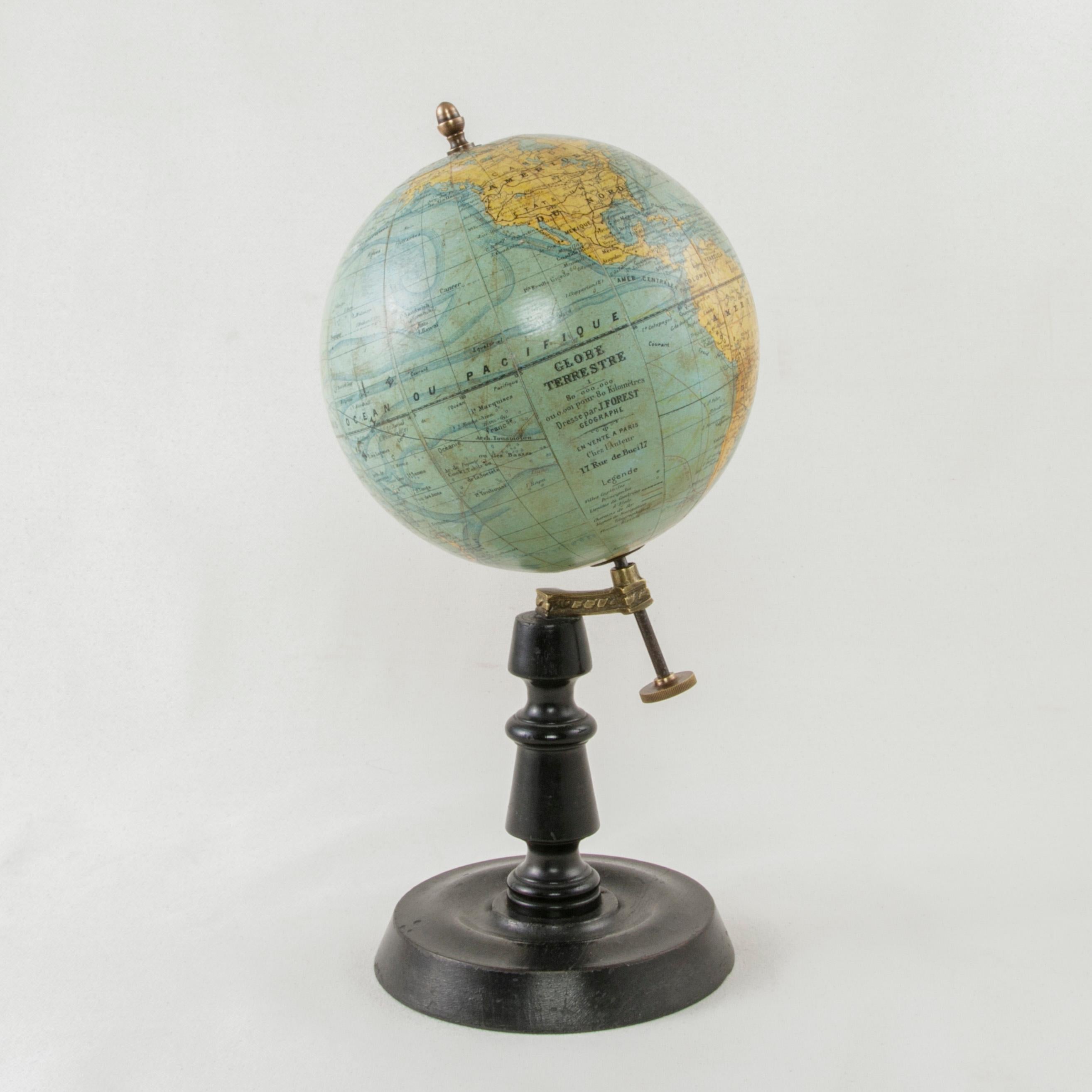 French Terrestrial Globe on Ebonized Wooden Base by Cartographer J. Forest In Good Condition In Fayetteville, AR