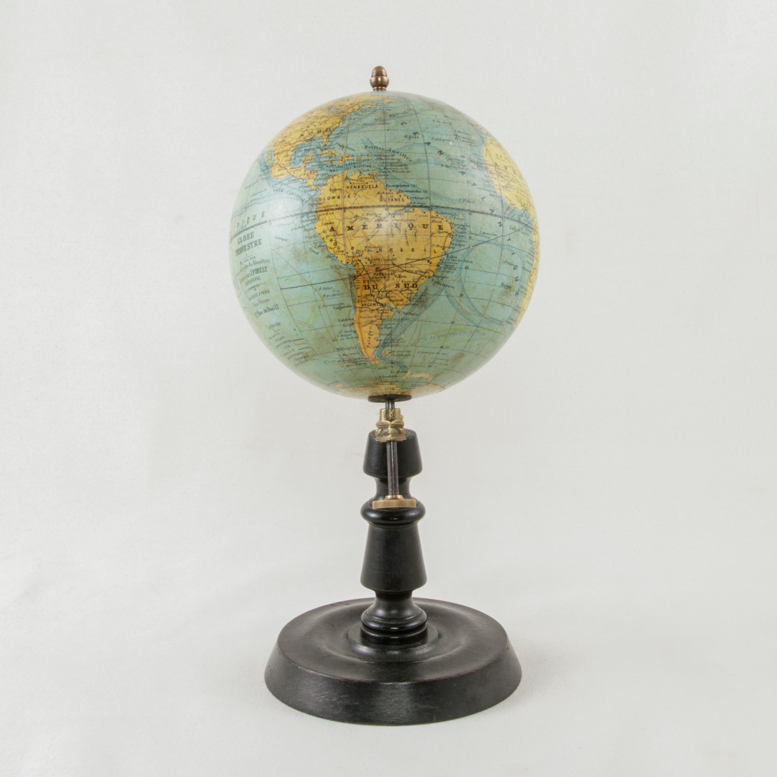 20th Century French Terrestrial Globe on Ebonized Wooden Base by Cartographer J. Forest