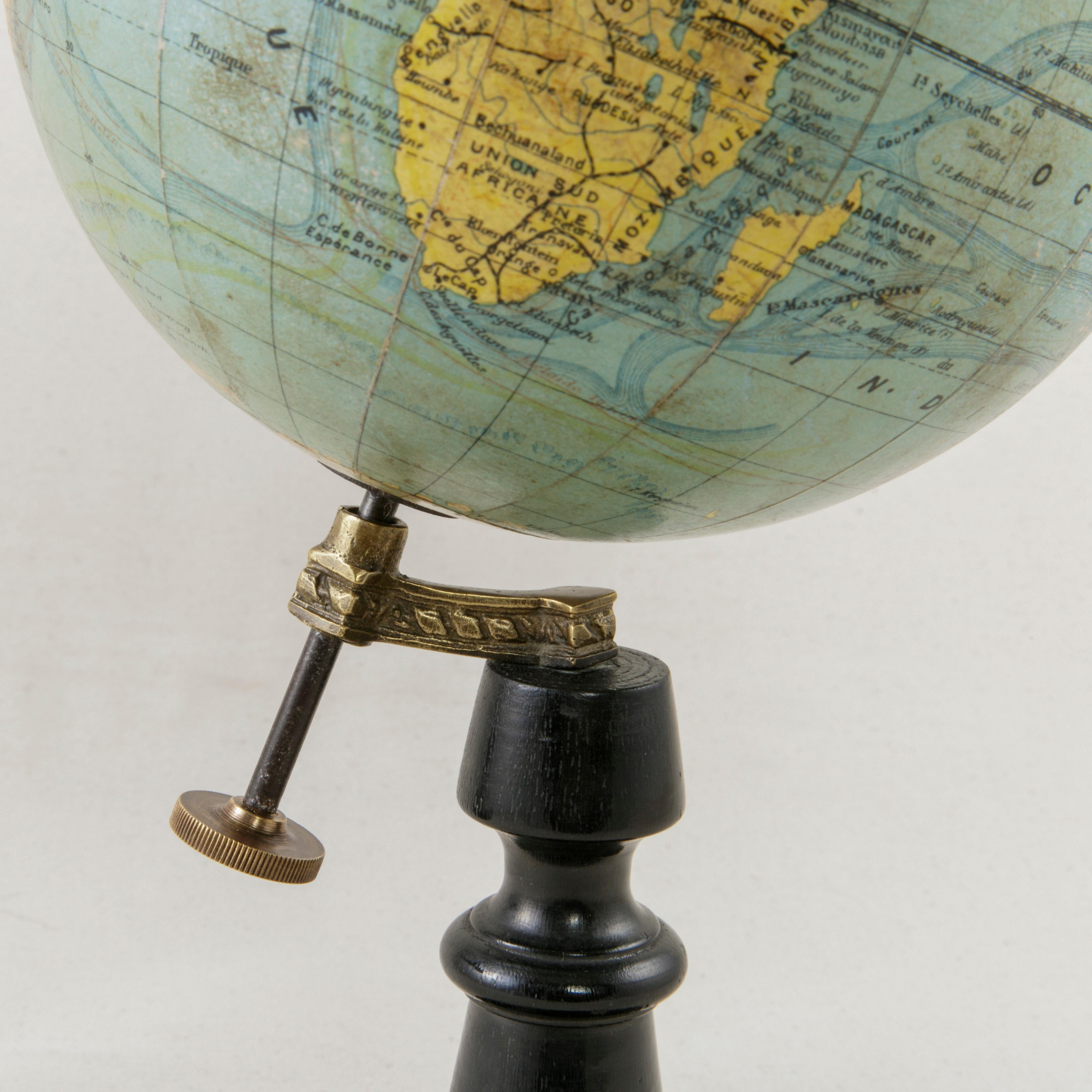 Bronze French Terrestrial Globe on Ebonized Wooden Base by Cartographer J. Forest