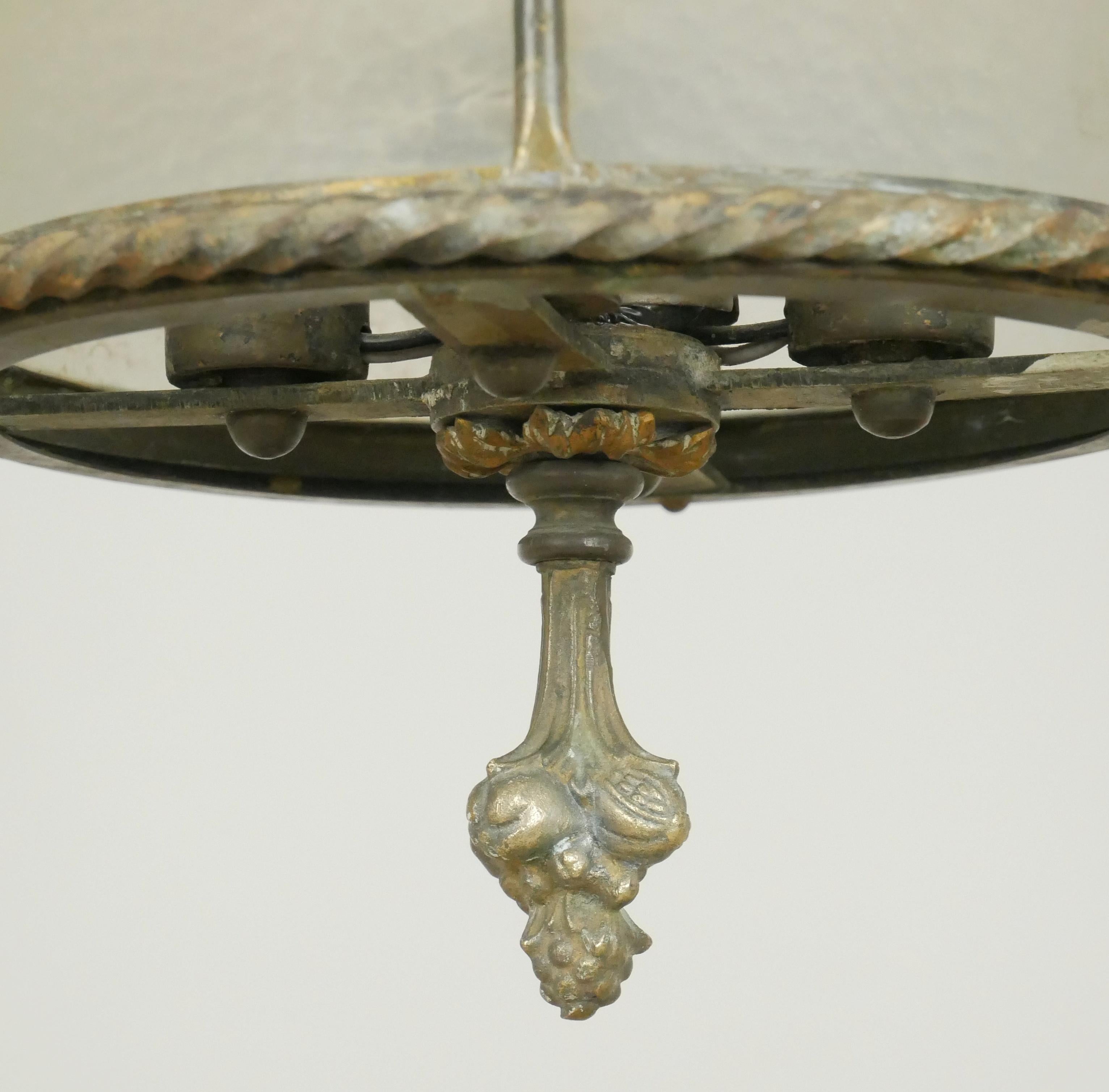 Lampada a sospensione francese con cornice in ottone e vetro testurizzato in vendita 2