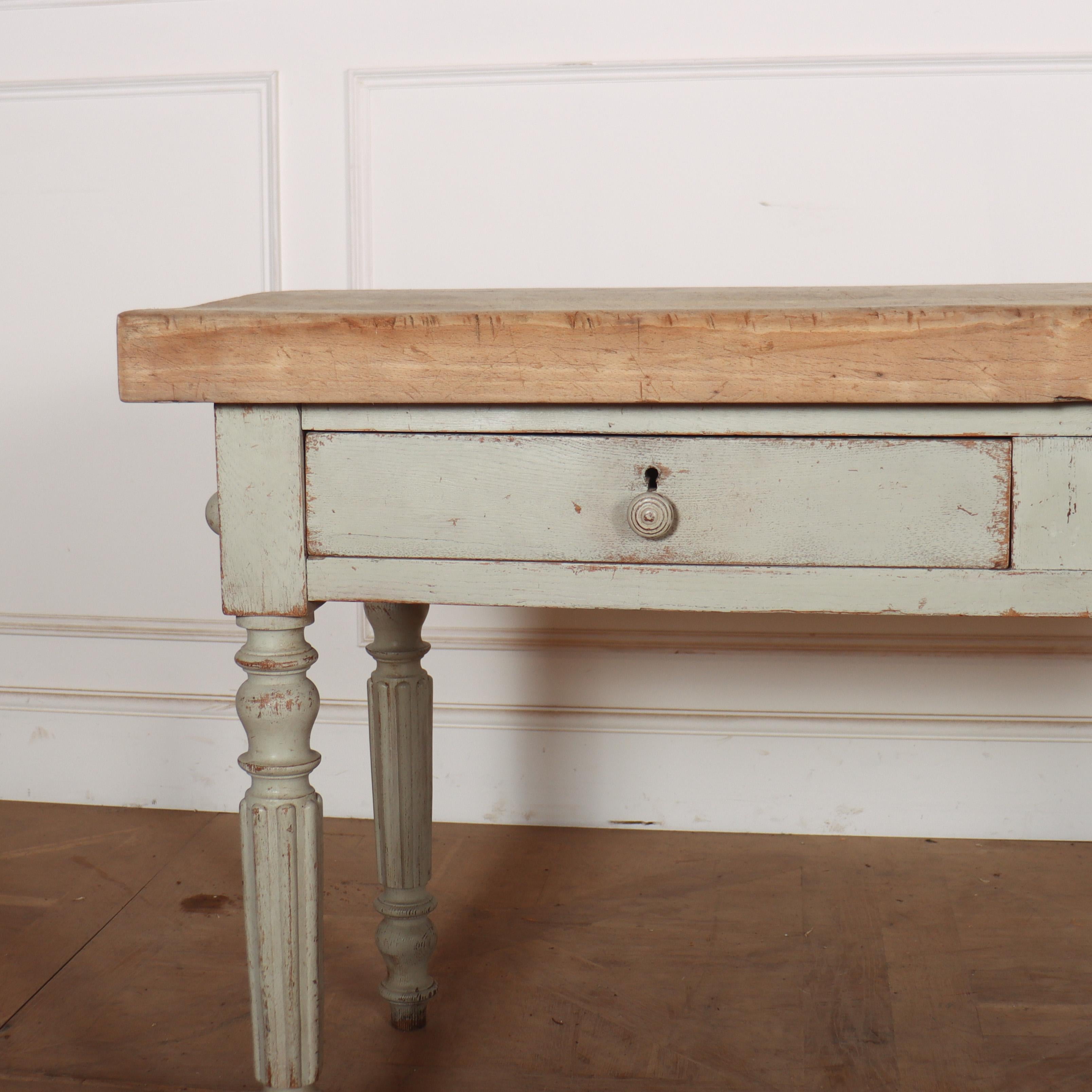 19th C French butchers table with two drawers and a 7cm thick top. 1880.

Reference: 8271

Dimensions
53.5 inches (136 cms) Wide
24 inches (61 cms) Deep
31 inches (79 cms) High