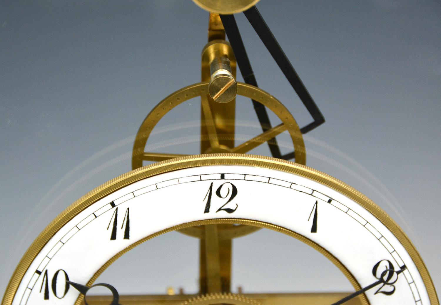 French Thin Glass Pinwheel Escapement Big Wheel Marble Base Skeleton Clock 10