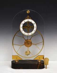 French Thin Glass Pinwheel Escapement Big Wheel Marble Base Skeleton Clock