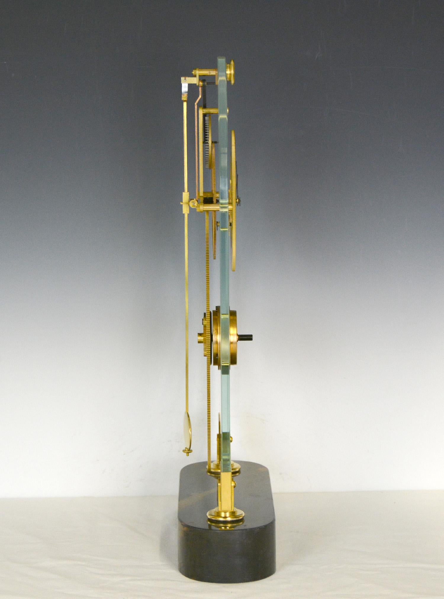 French Thin Glass Pinwheel Escapement Big Wheel Marble Base Skeleton Clock In Excellent Condition In Danville, CA
