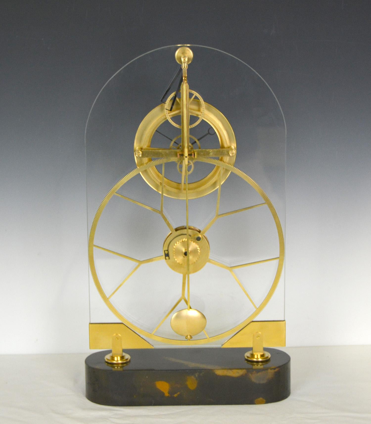 French Thin Glass Pinwheel Escapement Big Wheel Marble Base Skeleton Clock In Excellent Condition For Sale In Danville, CA