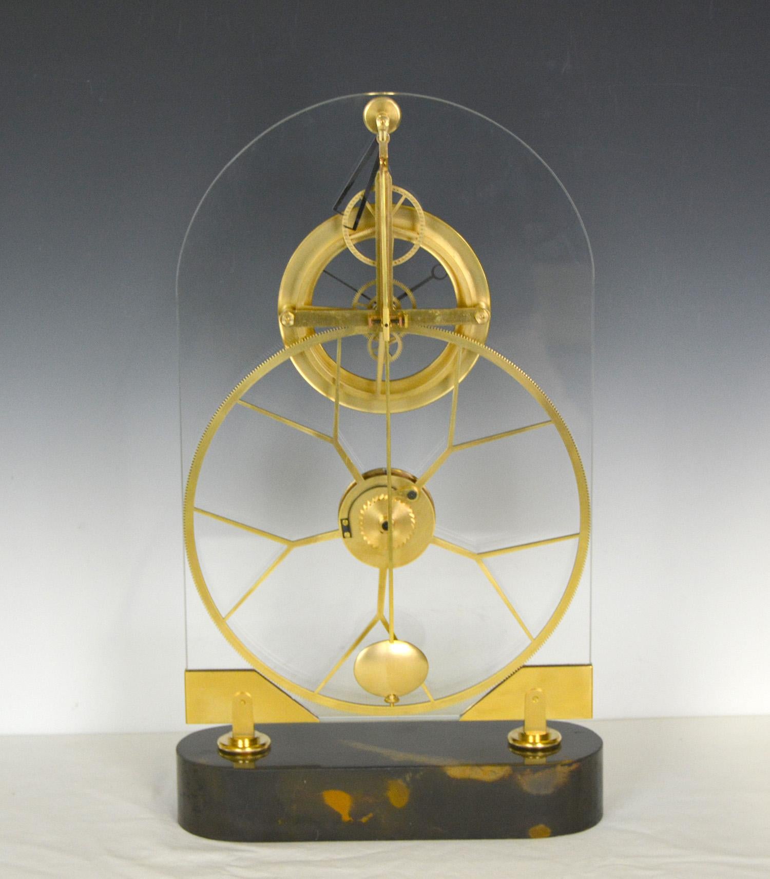 Contemporary French Thin Glass Pinwheel Escapement Big Wheel Marble Base Skeleton Clock