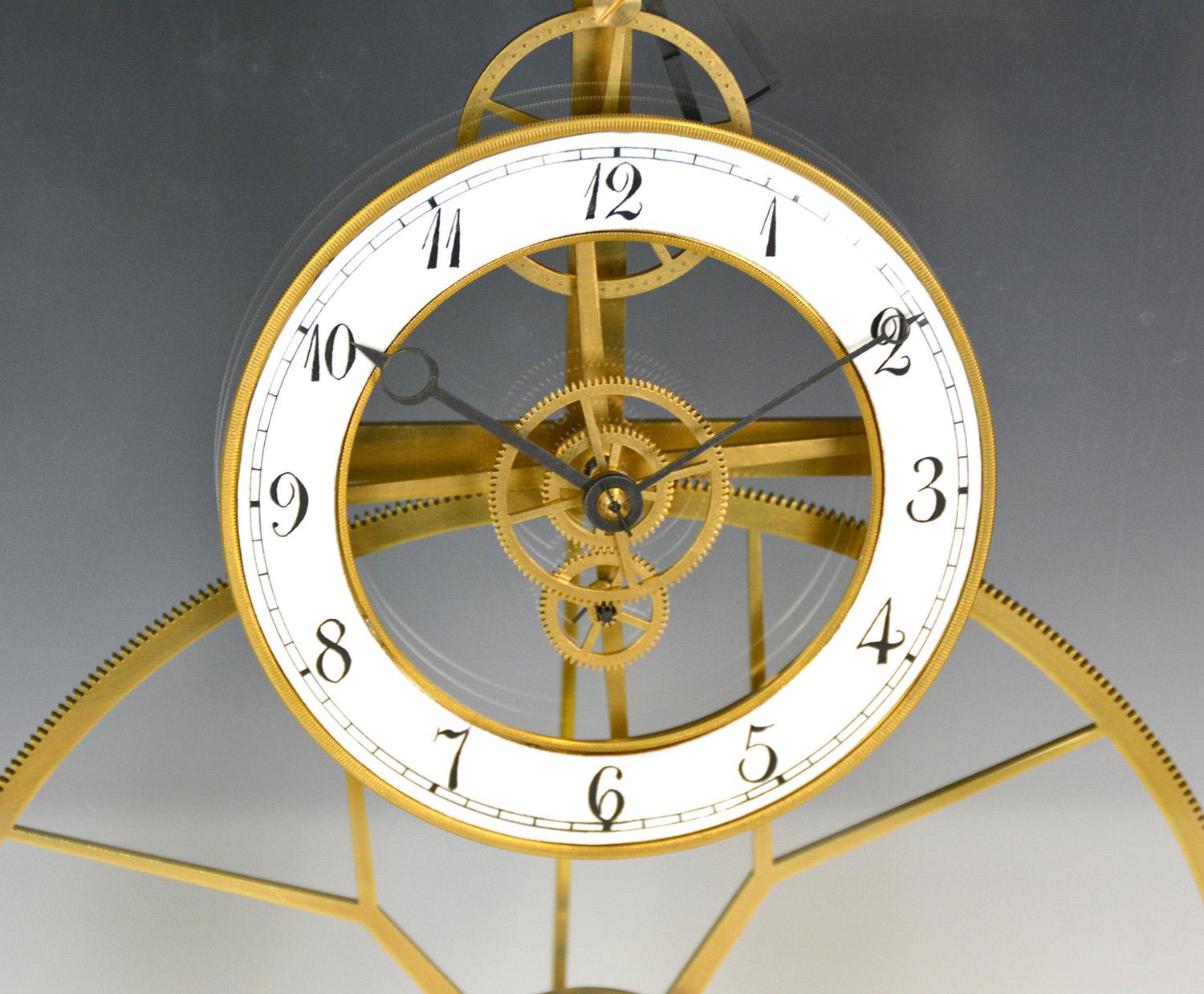 French Thin Glass Pinwheel Escapement Big Wheel Marble Base Skeleton Clock For Sale 1