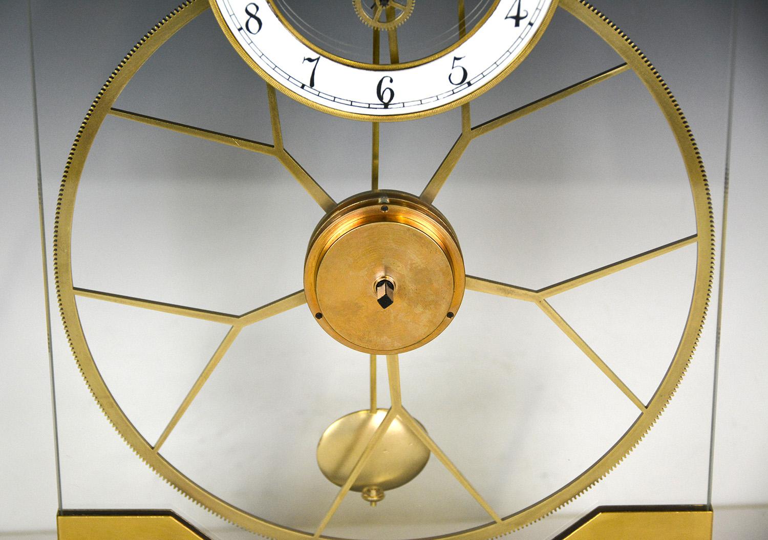 French Thin Glass Pinwheel Escapement Big Wheel Marble Base Skeleton Clock 3