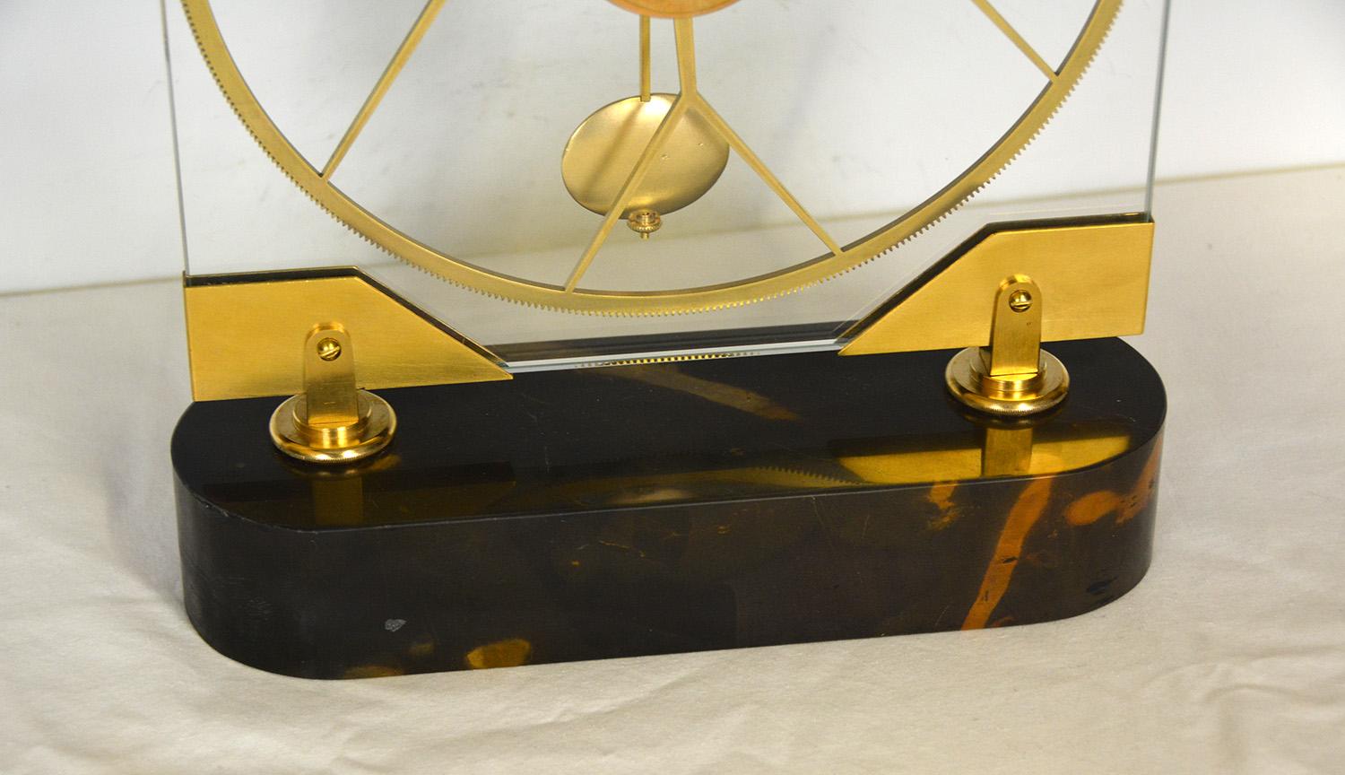 French Thin Glass Pinwheel Escapement Big Wheel Marble Base Skeleton Clock 4
