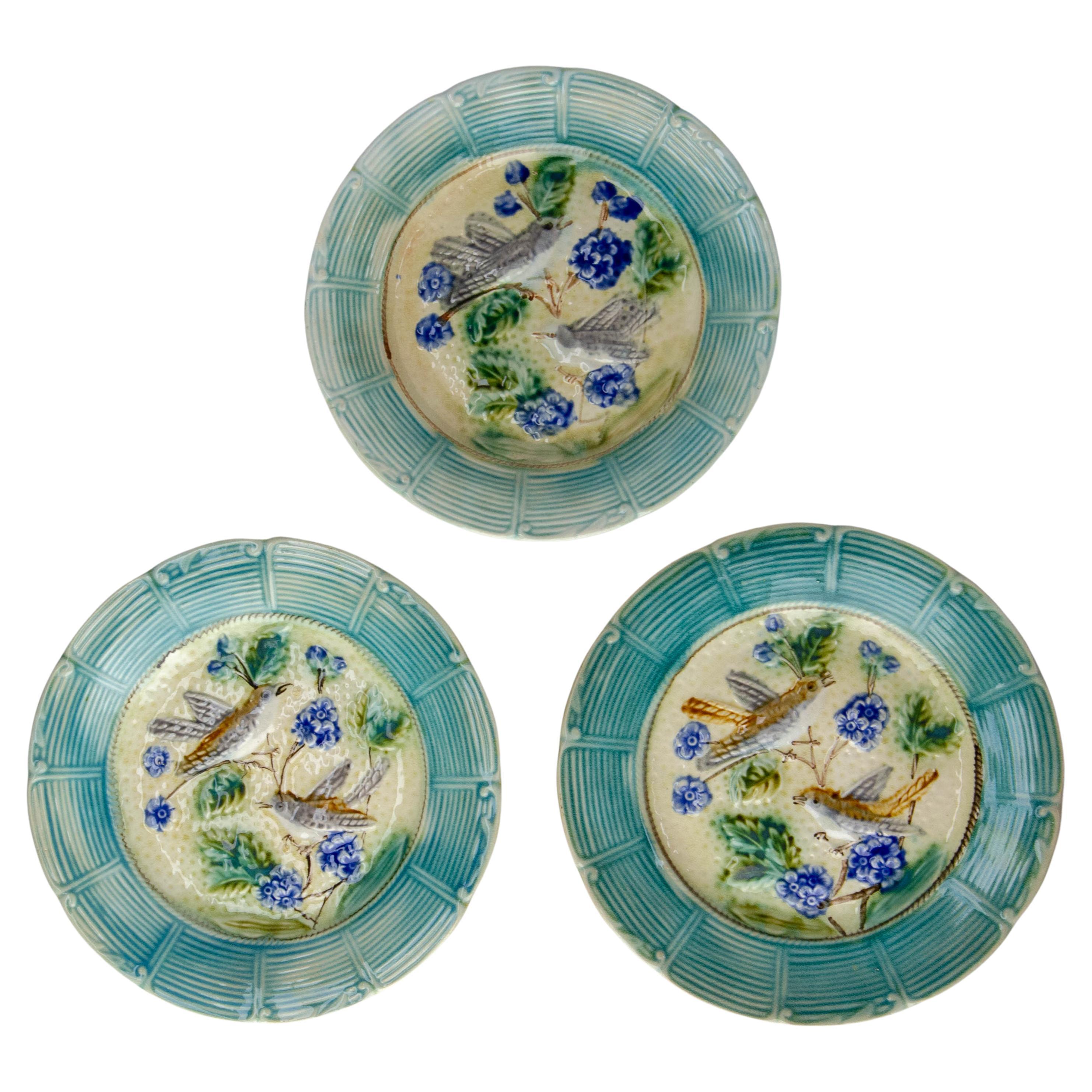 French Three Barbotine Enameled Plates Birds in Flowering Trees, Late 19th C