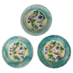 French Three Barbotine Enameled Plates Birds in Flowering Trees, Late 19th C