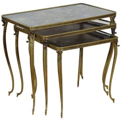 French Three Brass Nesting Tables with Smoked Mirrored Glass, Mid-20th Century