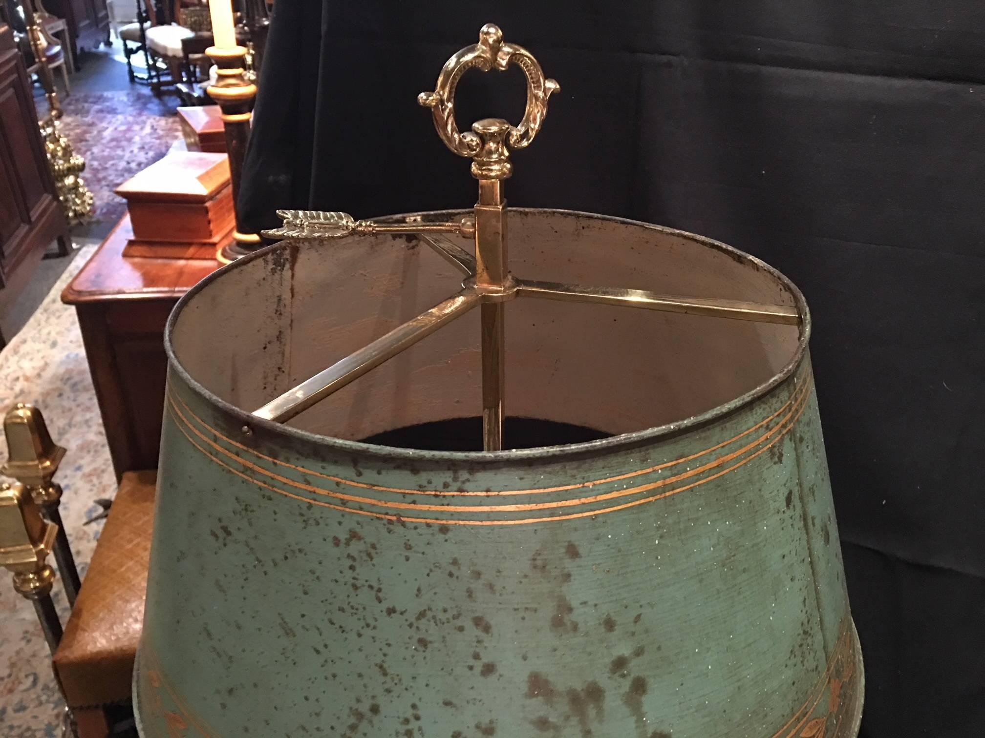 Laiton Lampe Bouillotte à Trois Bougies avec Abat-Jour en Métal Peint, 19ème Siècle