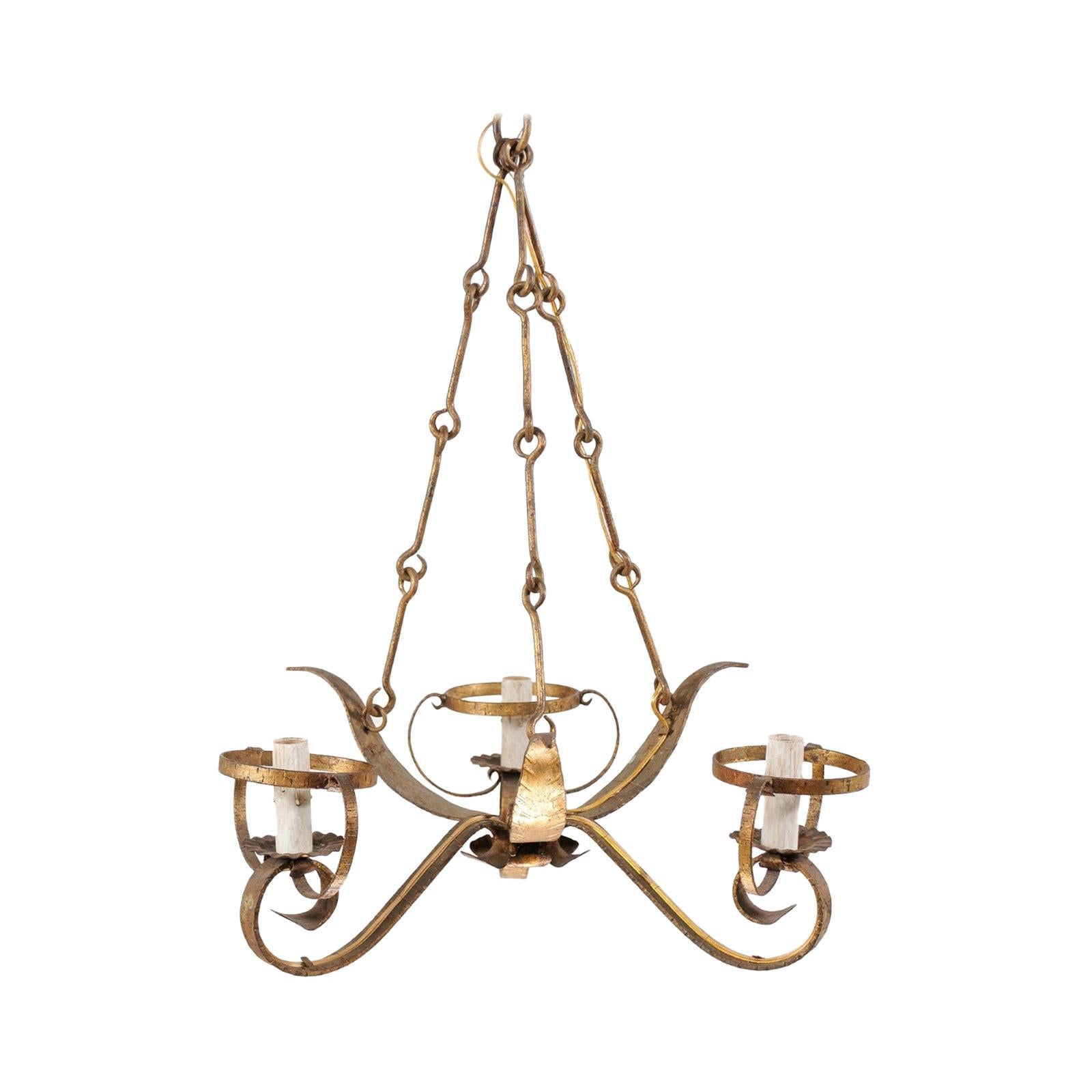 French Three-Light Gold Tone Iron Chandelier in Leaf Motif